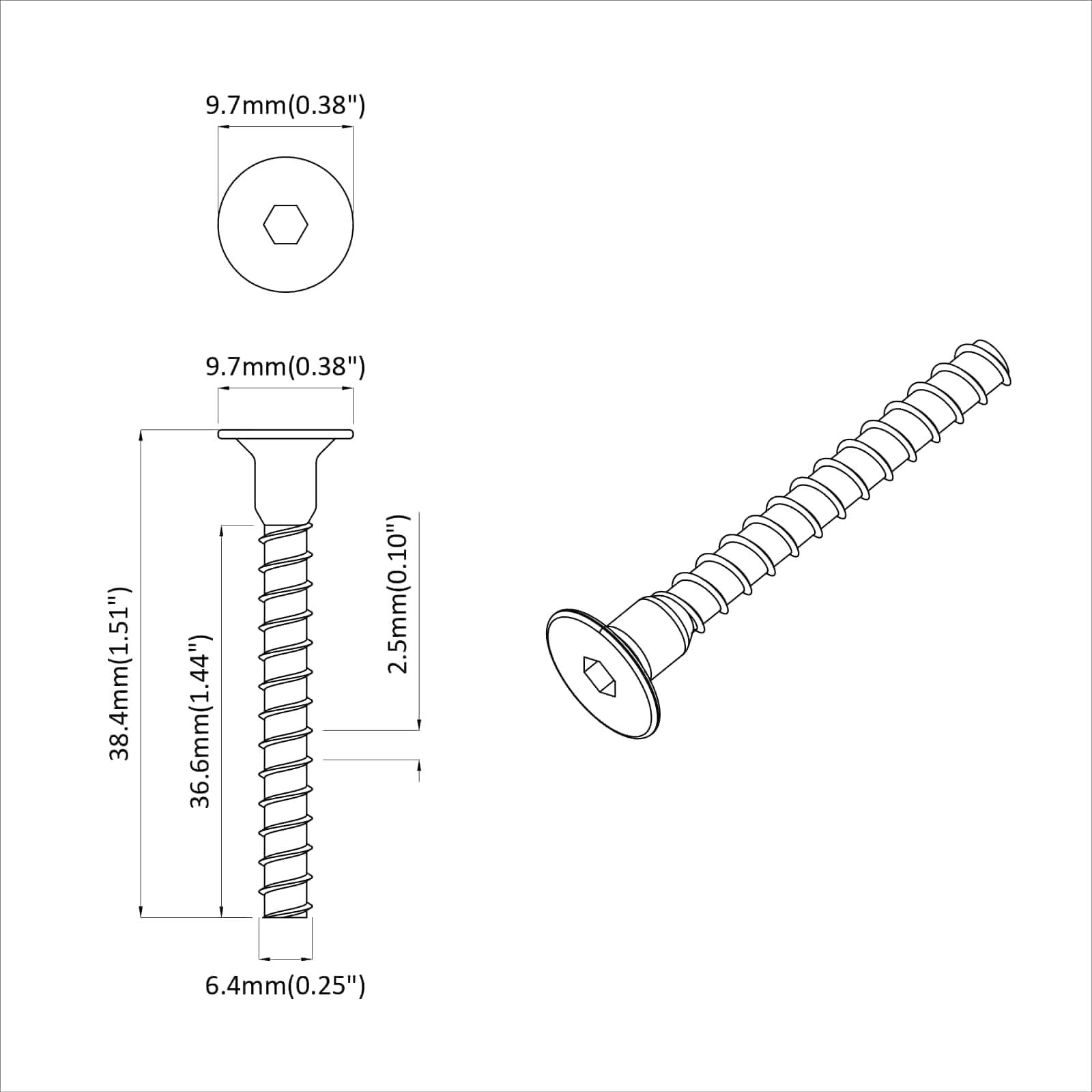 Diagramm einer Sechskantschraube mit Abmessungen: Länge 38,4 mm (1,51