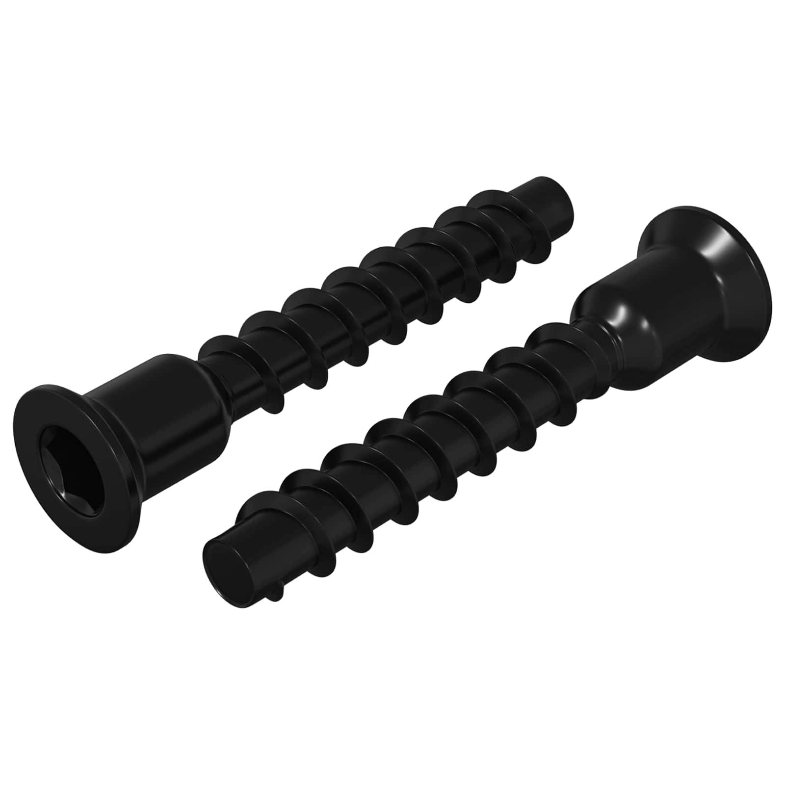 Zwei schwarze Metallschrauben mit Spiralgewinde und sechseckigen Köpfen, die parallel auf einem weißen Hintergrund liegen.