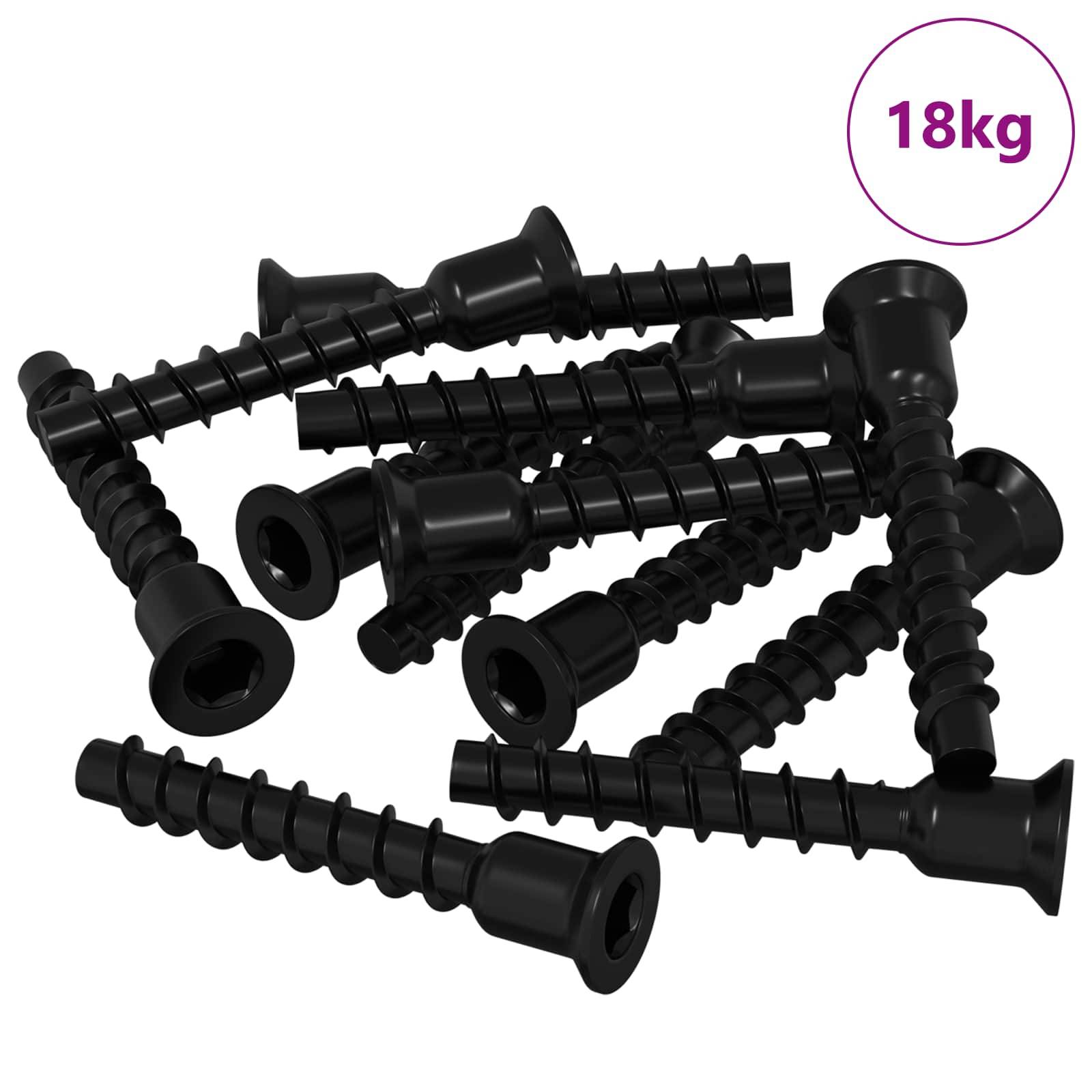 Schwarze Schrauben verstreut, mit einem kreisförmigen Etikett in der oberen rechten Ecke, auf dem '18kg' angezeigt wird.