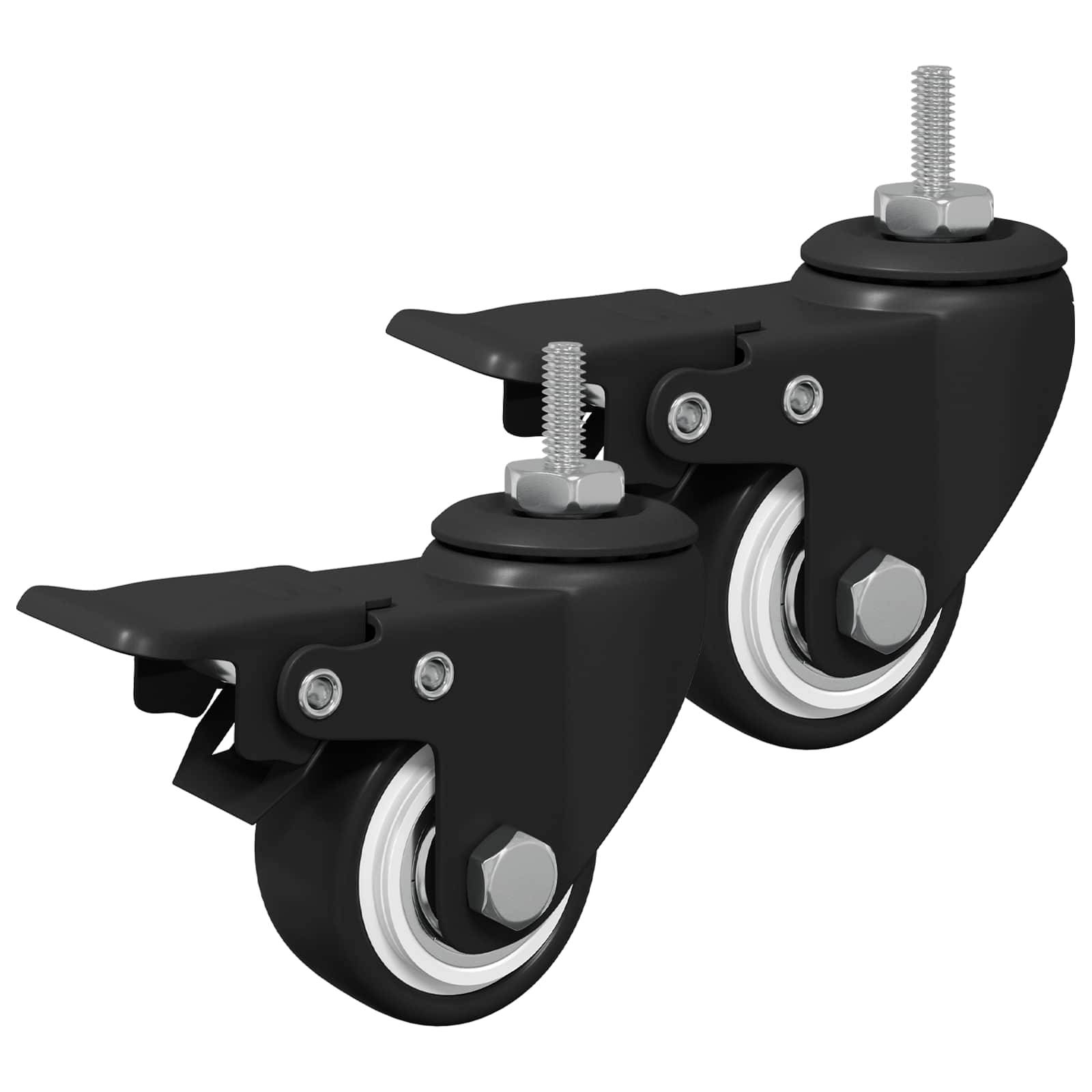 Zwei schwarze Drehlaufrollen mit Tragplatten und metallischen Befestigungselementen. Entwickelt für die Mobilität von Möbeln oder Ausrüstungsgegenständen.