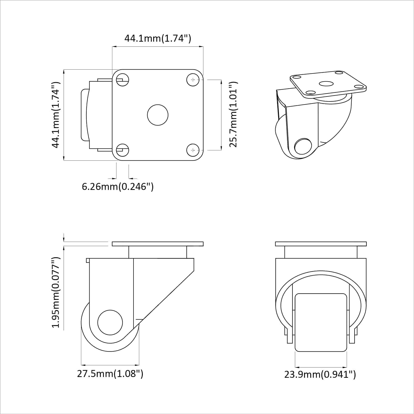 Diagramm eines Laufrads mit Abmessungen: Draufsicht 44,1 mm x 44,1 mm; Seitenansicht Höhe 27,5 mm, Breite 23,9 mm; Raddurchmesser 19,5 mm.