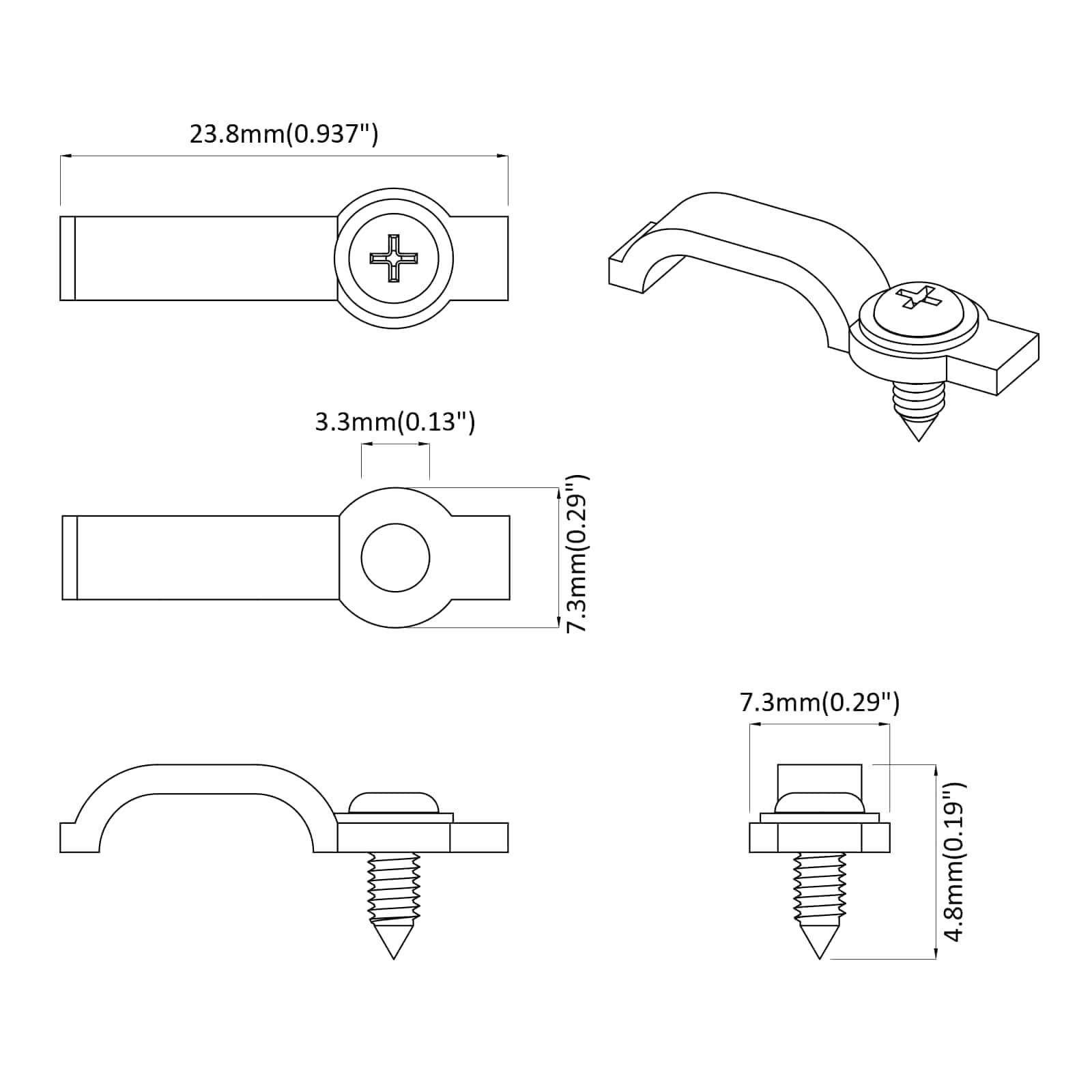 Technische Zeichnung einer Metallklammer mit Schrauben, mit Abmessungen: 23,8 mm Länge, 3,3 mm Breite, 7,3 mm Höhe und einer Schraubentiefe von 4,8 mm.