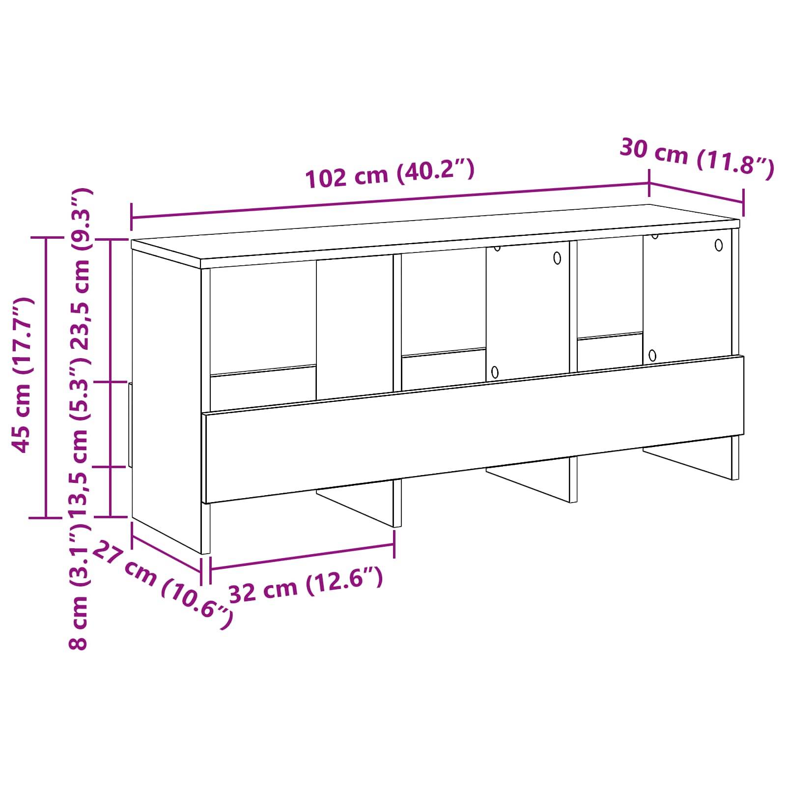 Eine Skizze eines Schranks mit Maßen: 102 cm breit x 30 cm tief x 45 cm hoch. Zusätzliche interne und externe Maße sind beschriftet.