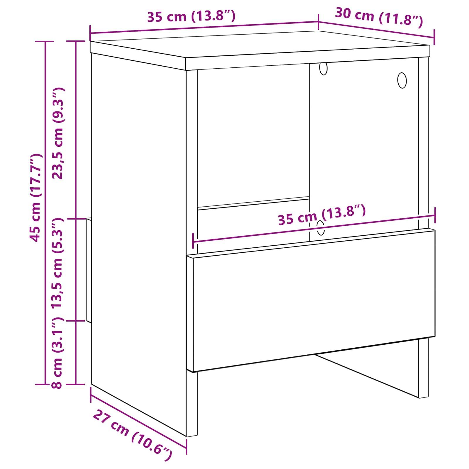 Diagramm eines Schranks mit beschrifteten Maßen: 45 cm hoch, 35 cm breit und 30 cm tief. Schublade unten, Ablage darüber.