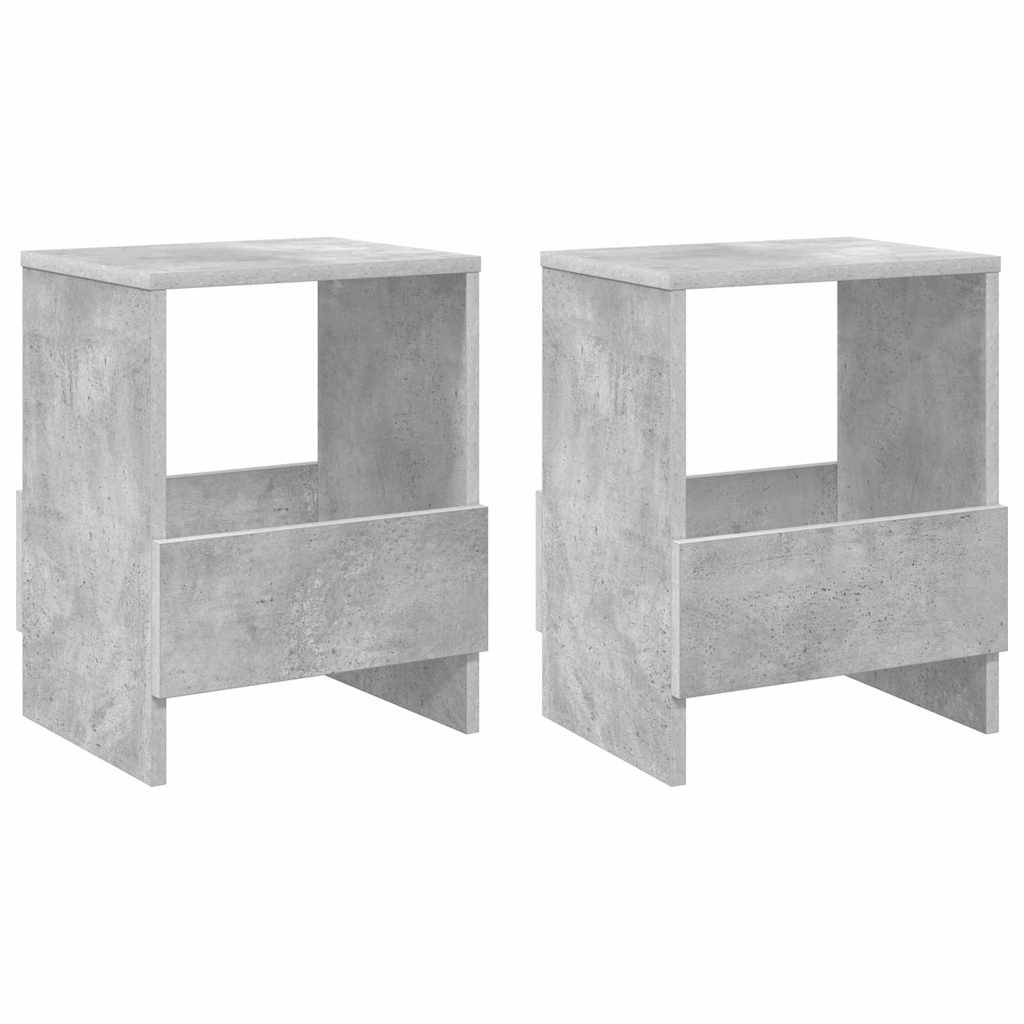 Zwei Nachttische im Beton-Stil mit offenen Ablagen und unteren Schubladen, die ein modernes, minimalistisches Design präsentieren und sich hervorragend für die Schlafzimmereinrichtung eignen.