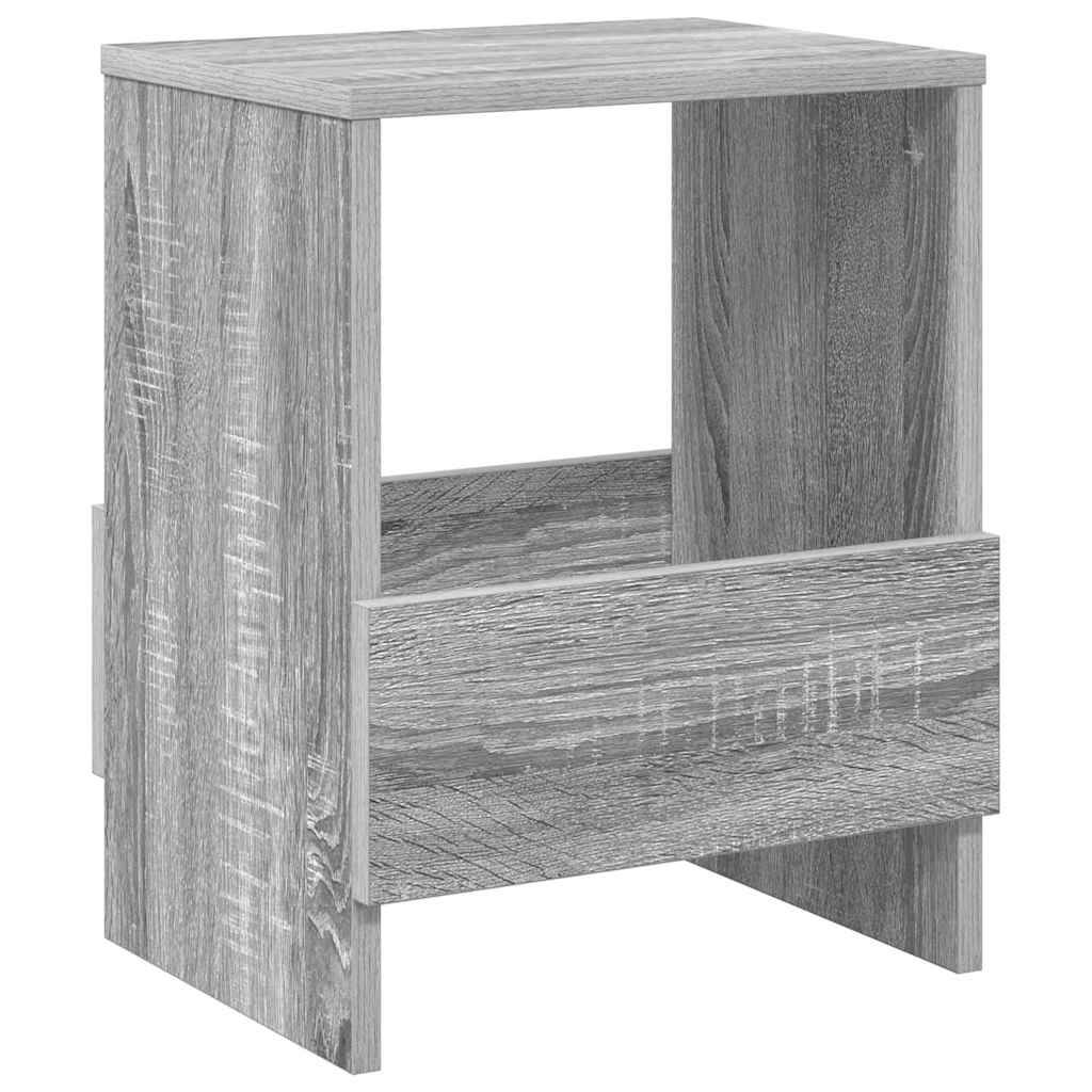 Ein Nachttisch aus Holz mit einer Schublade und einem offenen Regal, versehen mit einer hellen Eiche-Oberfläche in Grau.