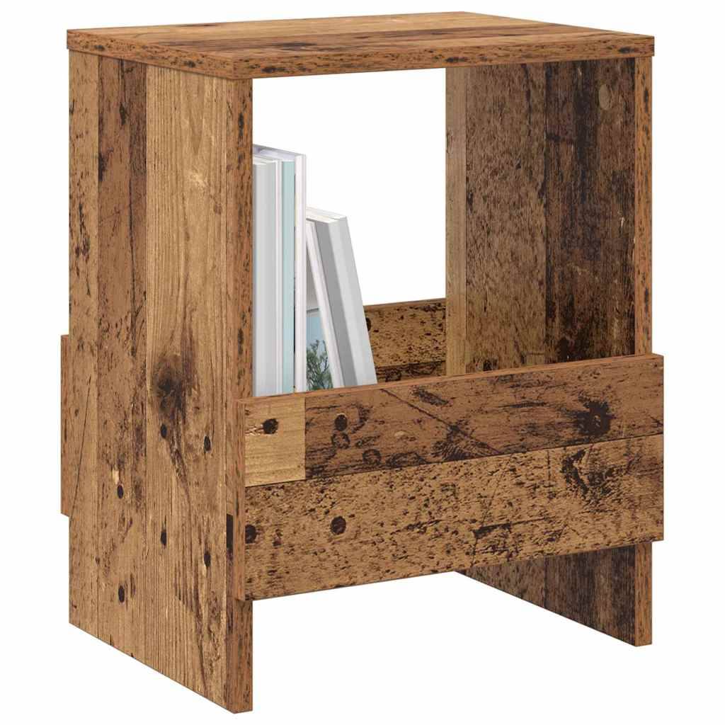 Holznachttisch mit rustikaler Oberfläche, der ein offenes Regal mit einigen Büchern enthält.