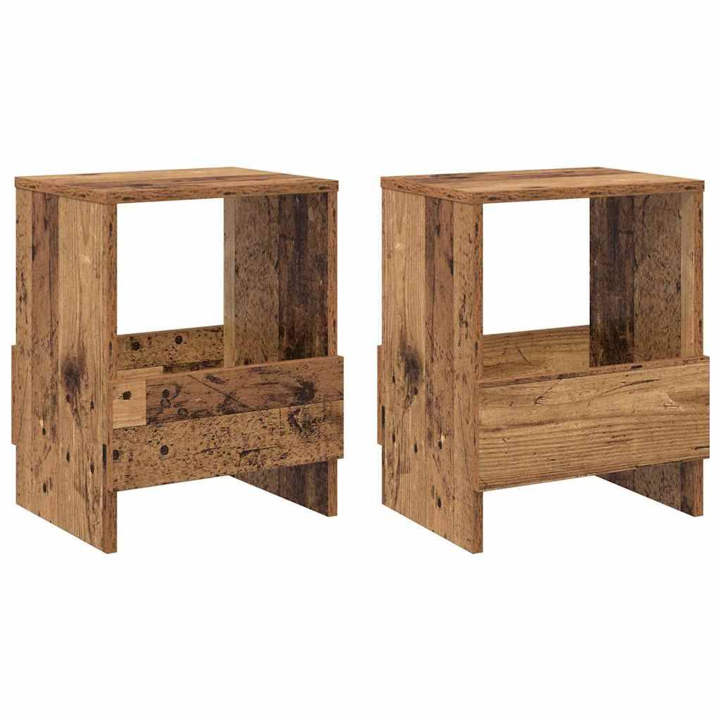 Zwei Holznachttische mit einem offenen Regal und einer unteren Schublade, aus recyceltem Holz mit rustikaler Oberfläche, nebeneinander platziert.