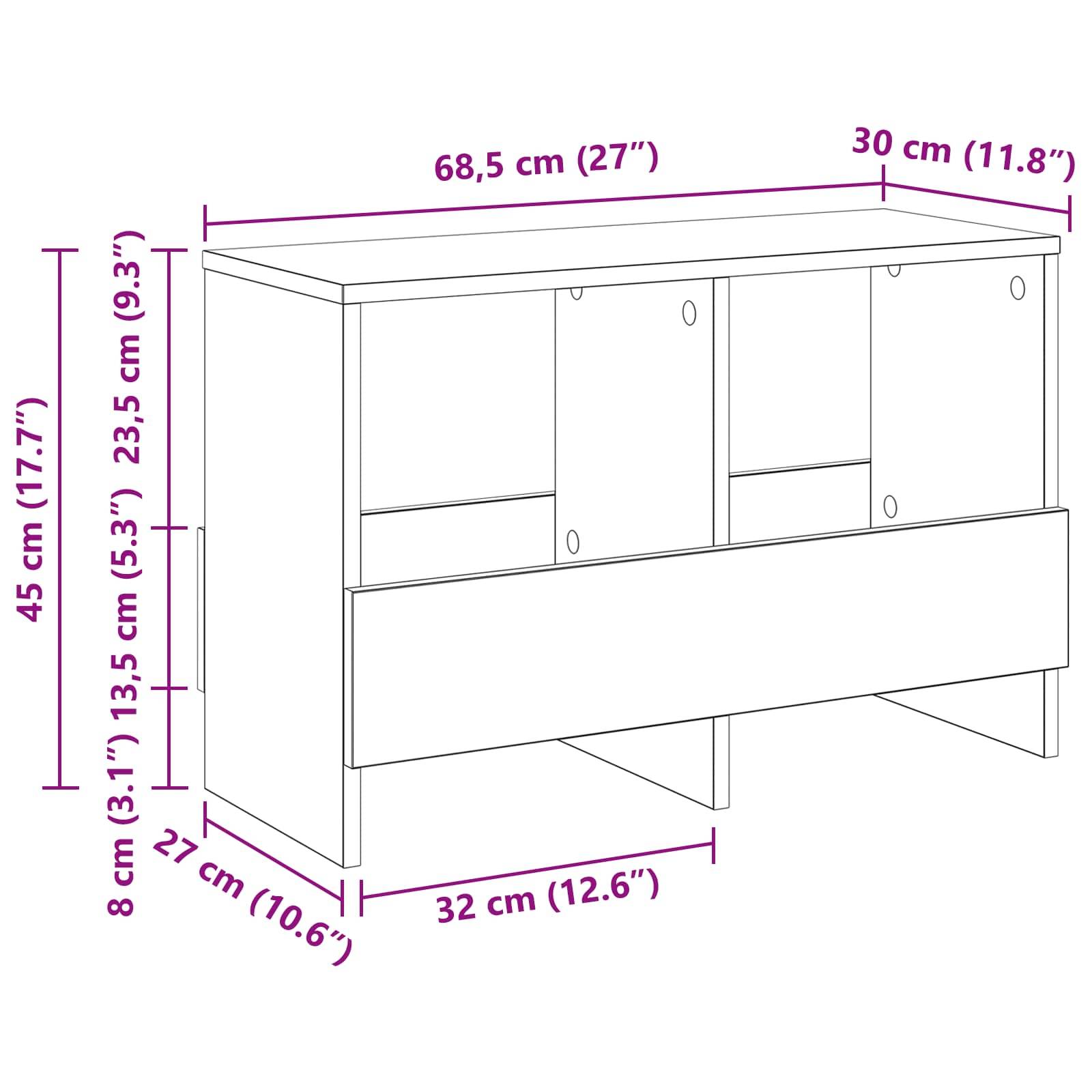 Eine Linienzeichnung eines Schranks mit Maßen: 68,5 cm Breite, 45 cm Höhe, 30 cm Tiefe. Schubladenhöhe beträgt 8 cm, Regale sind symmetrisch ausgerichtet.