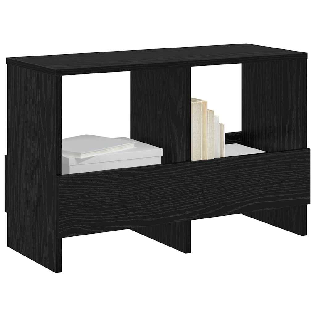 Ein kleines schwarzes Holz-Bücherregal mit offenem Design, das zwei Ablagen mit mehreren weißen Büchern und zwei geschlossenen Boxen aufweist.