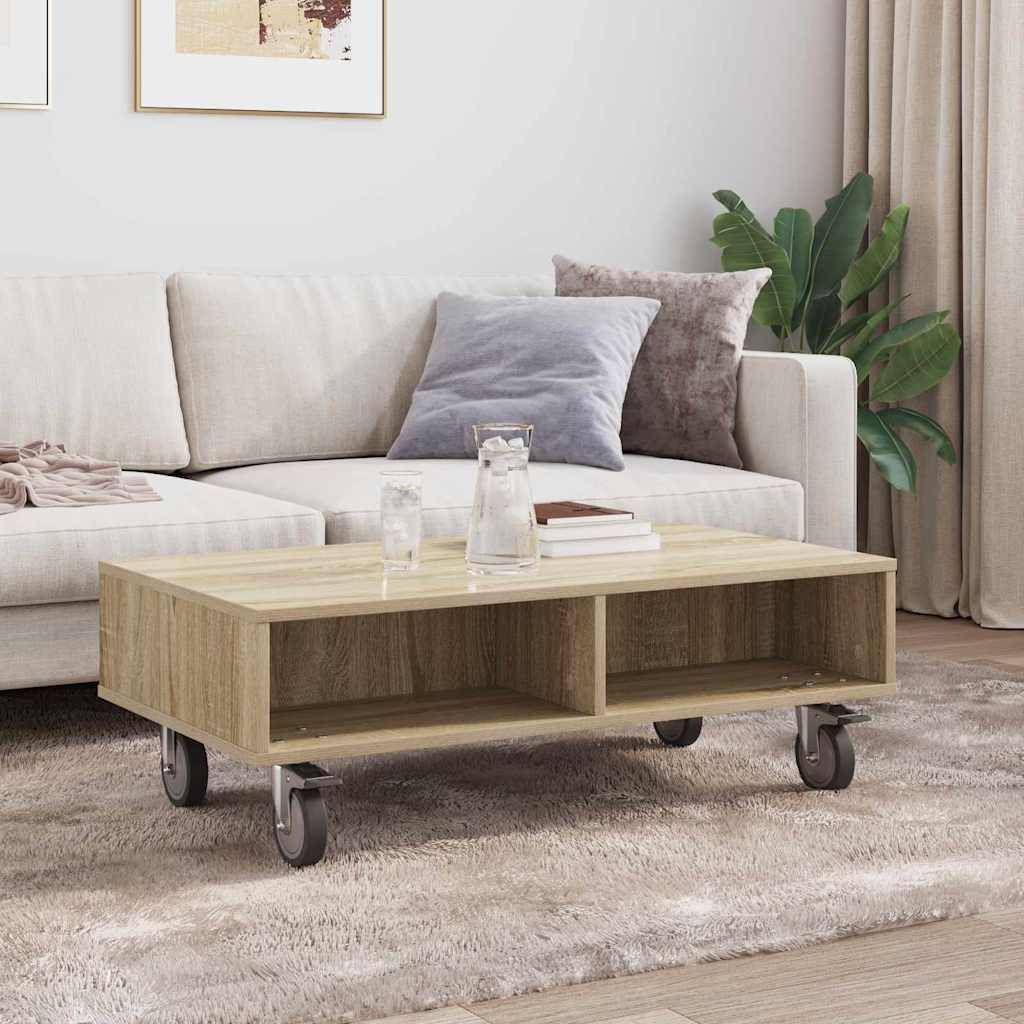Ein moderner Wohnbereich präsentiert ein beiges Sofa mit grauen Kissen, einen Couchtisch aus Holz mit Rollen, auf dem Wasserkrüge stehen, und abstrakte Kunstwerke an der Wand.