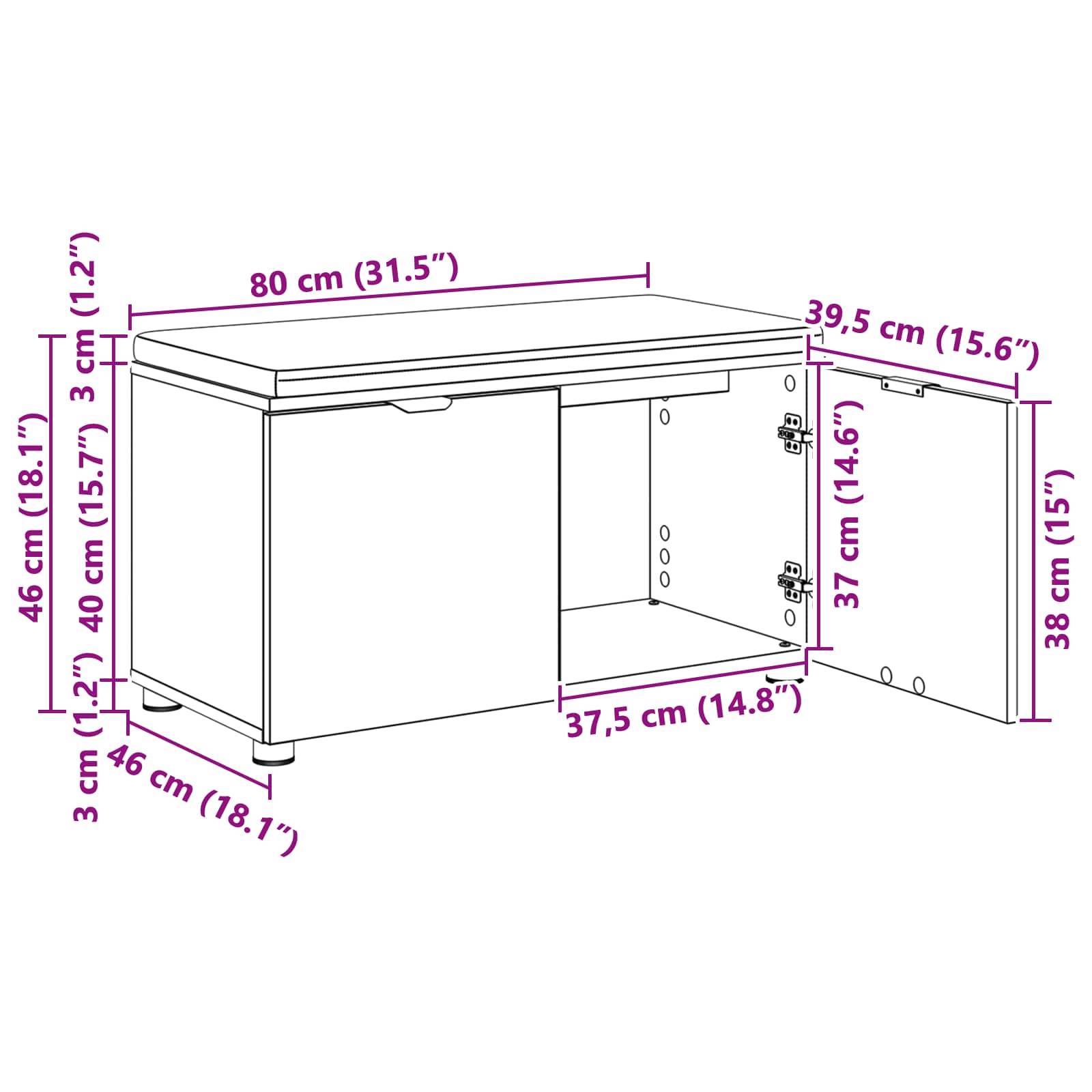 Diagramm eines Schuhschranks mit Abmessungen: 80 cm breit, 46 cm hoch, 40 cm tief. Tür ist 15,6 Zoll breit, 15 Zoll hoch.