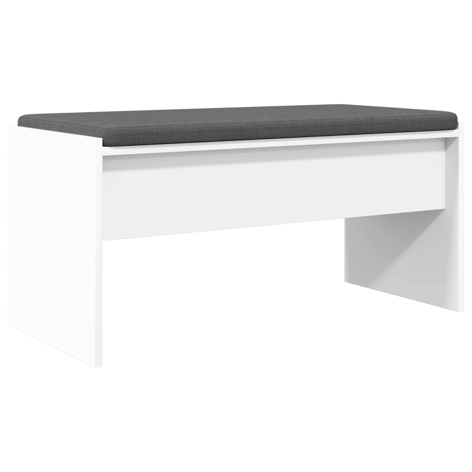 Eine moderne weiße Bank mit einem schwarzen gepolsterten Sitz, die ein minimalistisches Design und gerade Linien aufweist und für zeitgenössische Innenräume geeignet ist.