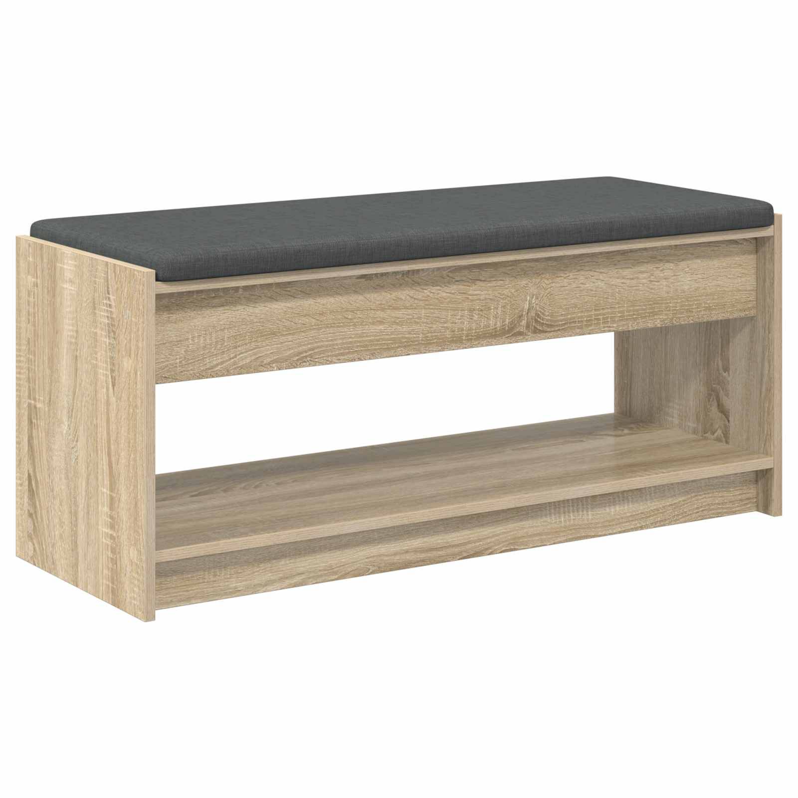 Holzbank mit einem schwarzen gepolsterten Sitz und einem offenen Regalfach darunter. Die Bank hat eine helle Holzoberfläche und ein minimalistisches Design.