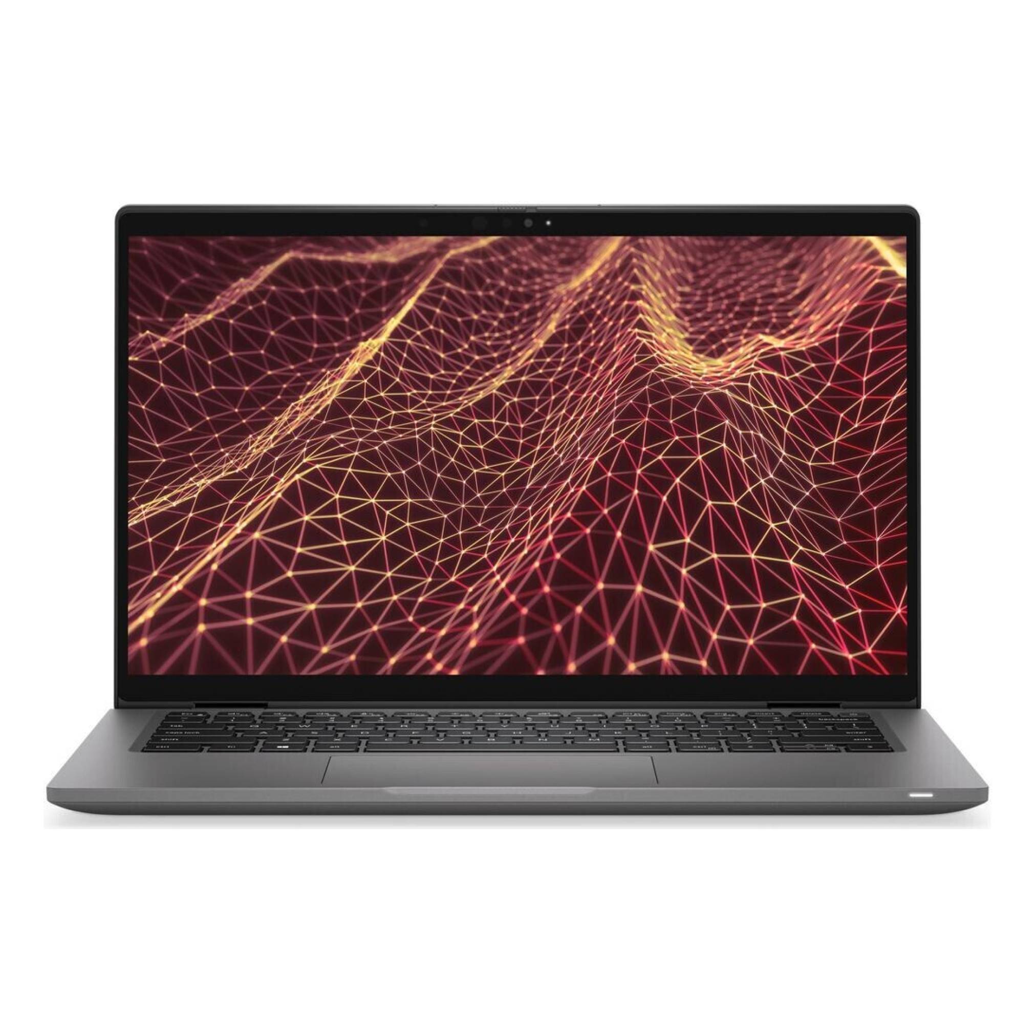 Ein grauer Laptop mit geöffnetem Bildschirm, auf dem eine abstrakte rot- und goldglühende Drahtgitter-Landschaft auf weißem Hintergrund angezeigt wird.