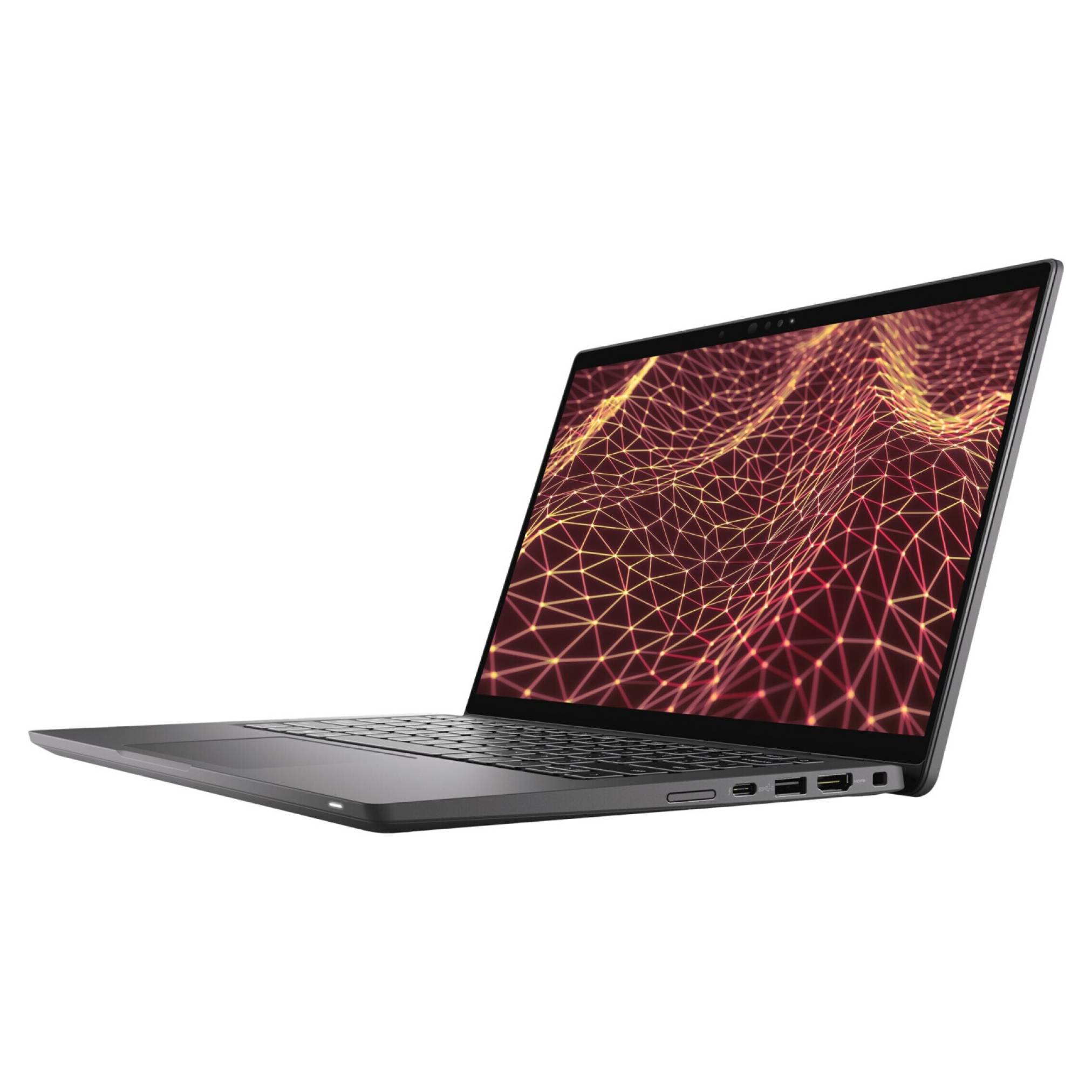 Schlanker schwarzer Laptop, der in einem Winkel offen ist und einen Bildschirm mit abstrakten roten und orangefarbenen geometrischen Wellengrafiken auf weißem Hintergrund zeigt.