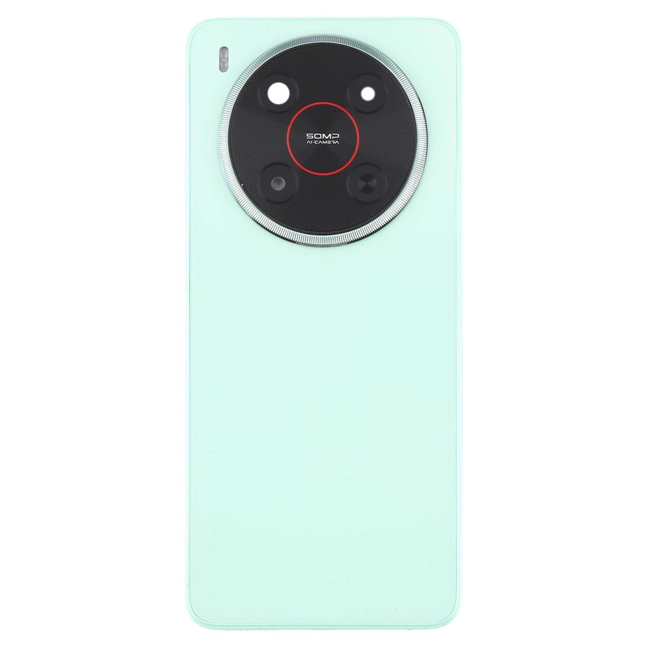 Ein mintgrünes Smartphone mit einem großen kreisförmigen Kameramodul, das mehrere Linsen enthält und den Text '50MP' in der Mitte aufweist.