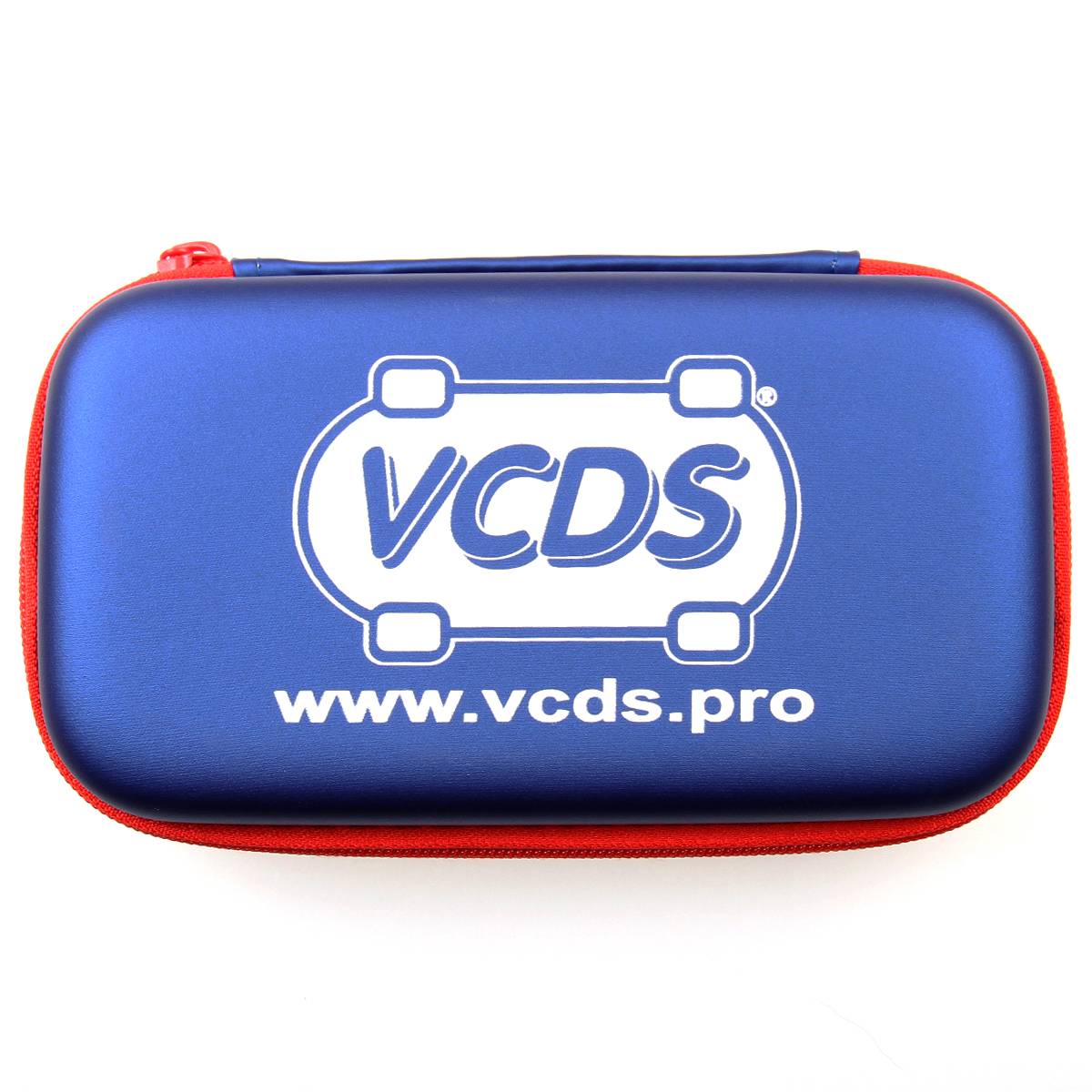 Blaues rechteckiges VCDS-Gehäuse mit rotem Reißverschluss, mit Logo und Webadresse „www.vcds.pro