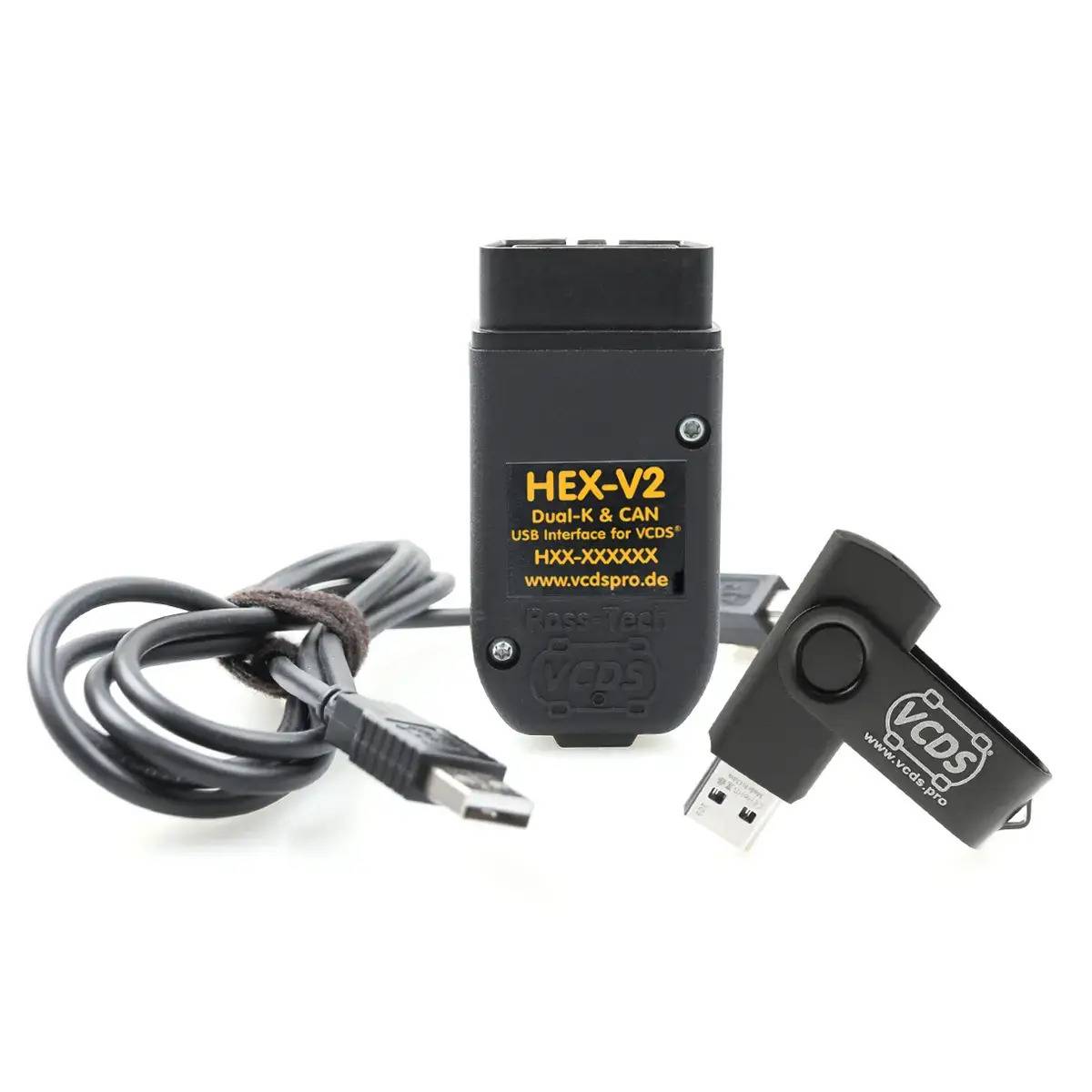 HEX-V2' USB-Schnittstellenwerkzeug mit Kabel- und Steckerkomponenten für Fahrzeugdiagnose. Geeignet für OBD-Systeme.