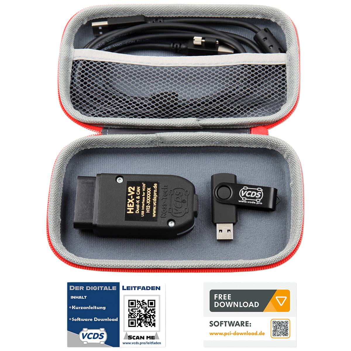 Ein offener Transportkoffer, der ein HEX-V2-Diagnosegerät, ein USB-Stick mit der Beschriftung 