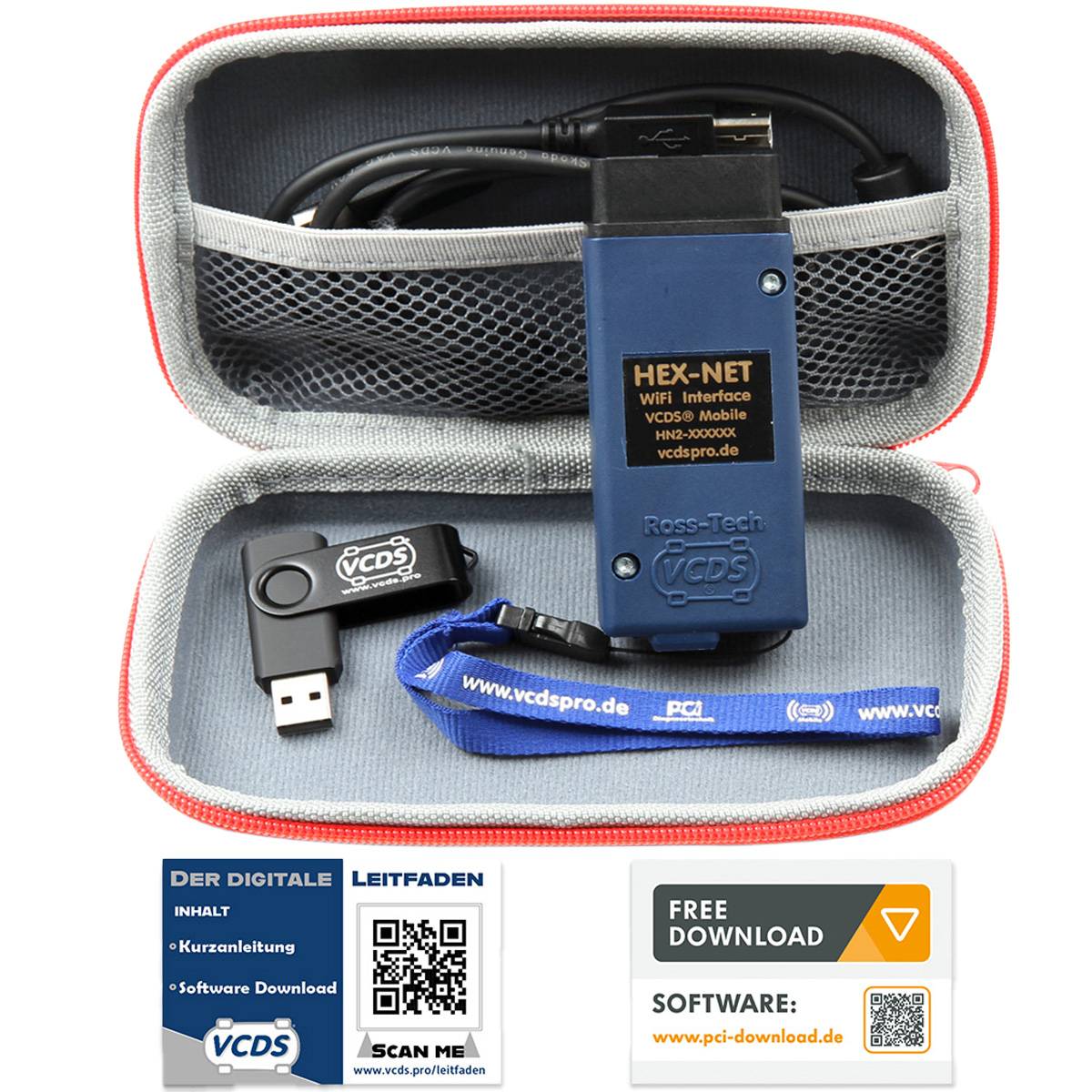 Automotive-Diagnosetoolkit, bestehend aus einer HEX-NET WiFi-Schnittstelle, USB-Stick und gedruckter Anleitung mit Softwaredownload-Anweisungen.