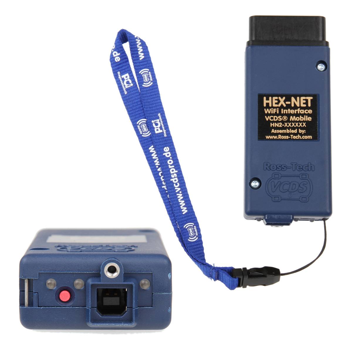 HEX-NET WiFi-Schnittstelle' Diagnosewerkzeug mit blauem Gehäuse und angebrachtem blauem Riemen, Vorderansicht und Portdetails.