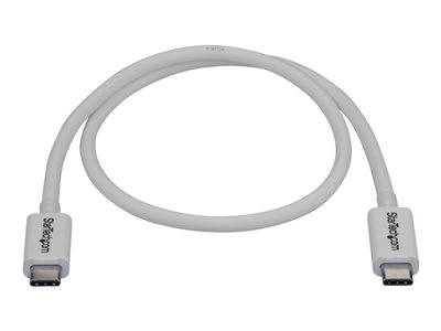 Ein weißes USB-C zu USB-C Kabel, das in eine kreisförmige Form gewickelt ist, mit Anschlüssen an beiden Enden, geeignet zum Laden oder Datentransfer.