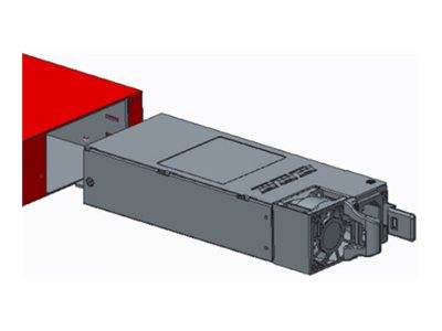 Ein rechteckiges, graues elektronisches Gerät mit sichtbaren Lüftungsschlitzen und Anschlüssen an einem Ende, das teilweise in eine rote Hülle auf der linken Seite eingesetzt ist.
