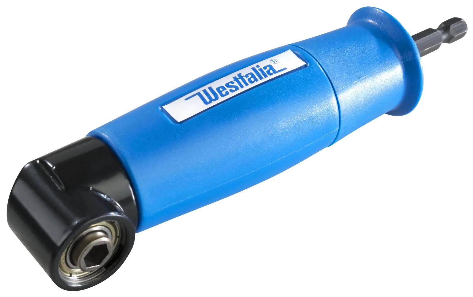 Blaues Handwerkzeug mit einem schwarzen rotierenden Kopf und dem 'Westfalia'-Logo am Griff, entwickelt zum Öffnen von Dosen oder Flaschen.