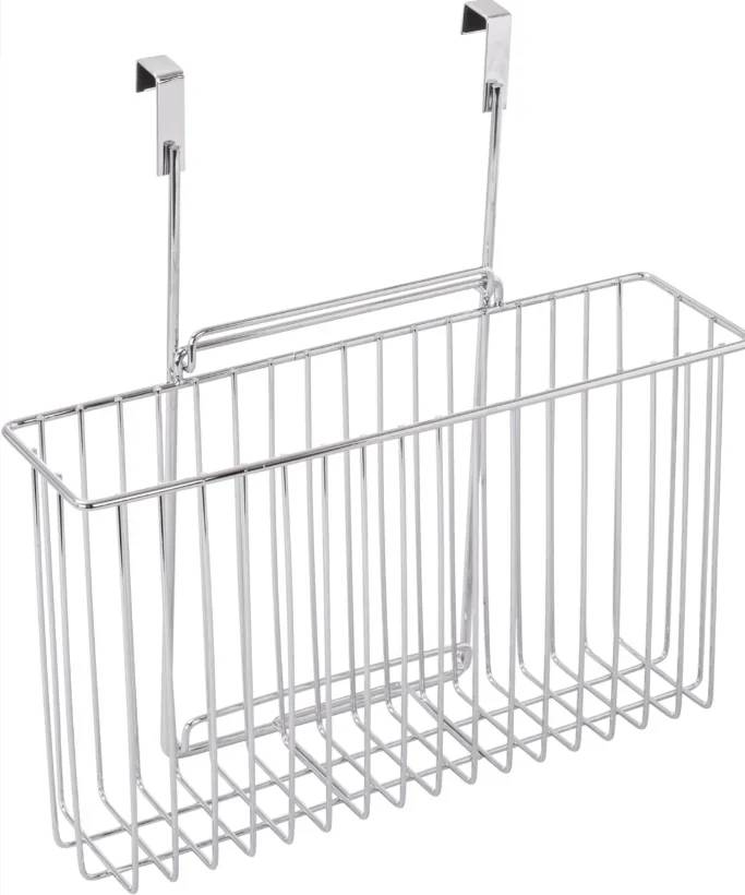 Verchromter Metall-Türhängekorb mit vertikalen Stäben, geeignet zur platzsparenden Organisation oder Aufbewahrung von Gegenständen.