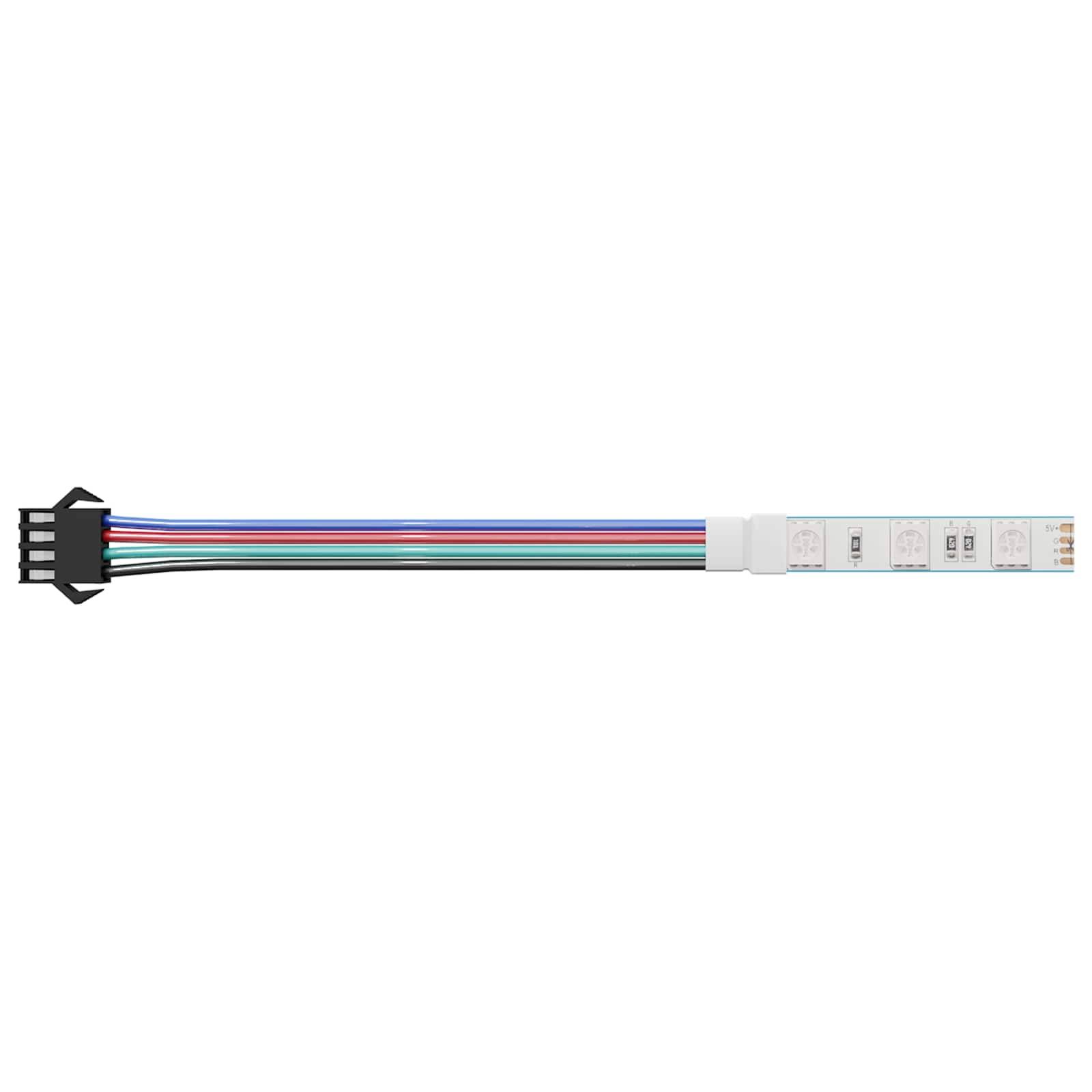 Eine Nahaufnahme eines LED-Lichtstreifens mit mehrfarbigen Kabeln und Anschlüssen, die sich von einem Ende erstrecken.