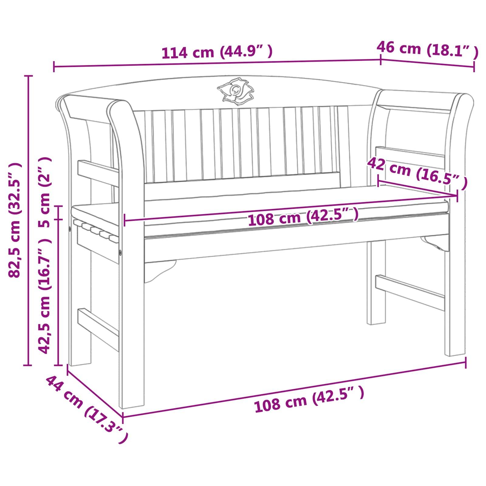 Diagramm einer Holzbank mit detaillierten Abmessungen: Höhe 82,5 cm, Tiefe 46 cm, Sitzbreite 108 cm, Sitzhöhe 42 cm, Tiefe 44 cm.