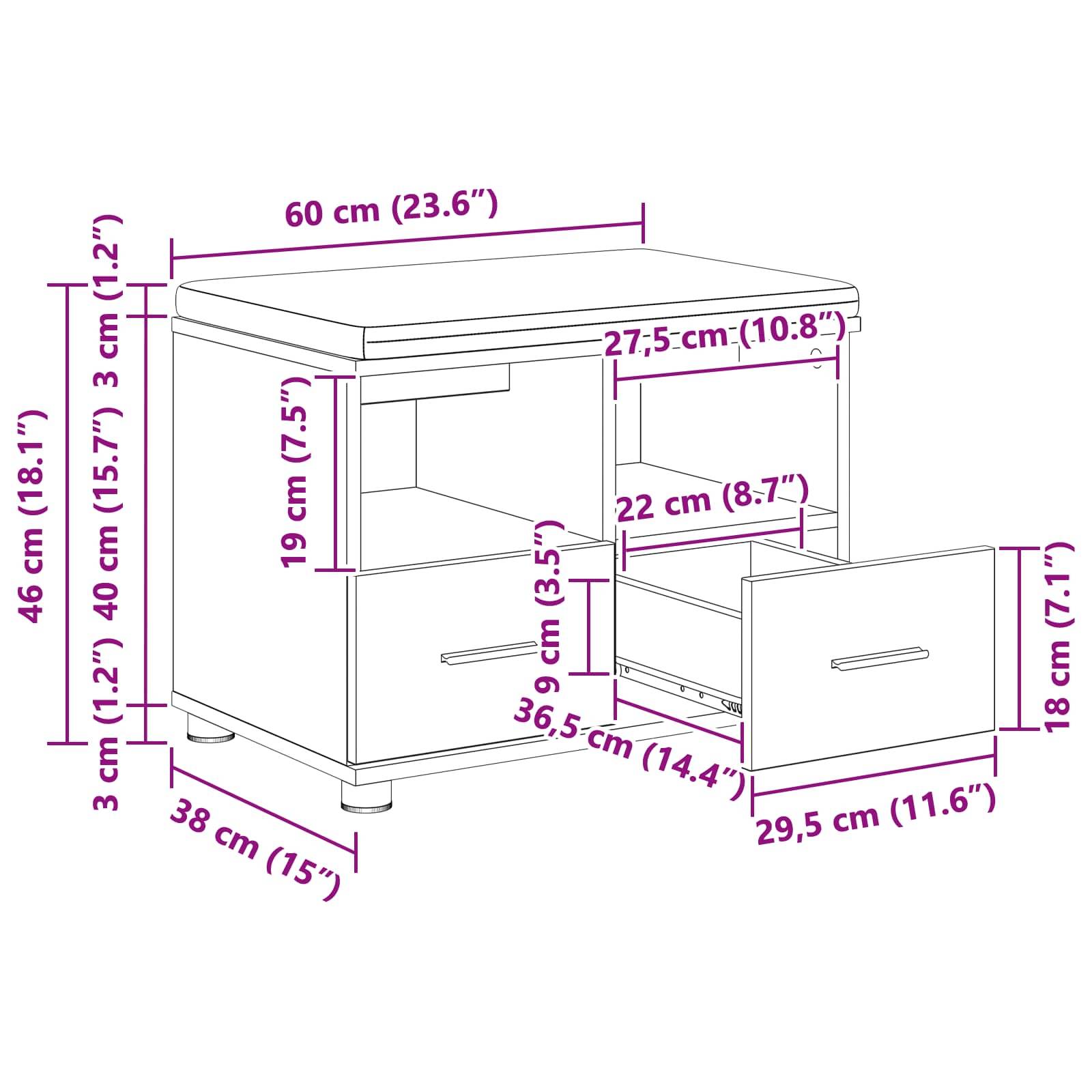 Eine Linienzeichnung eines kleinen Schranks mit Maßangaben: 60 cm breit, 46 cm hoch, 38 cm tief. Er verfügt über zwei Schubladen, wobei eine geöffnet ist, mit spezifischen Maßangaben.