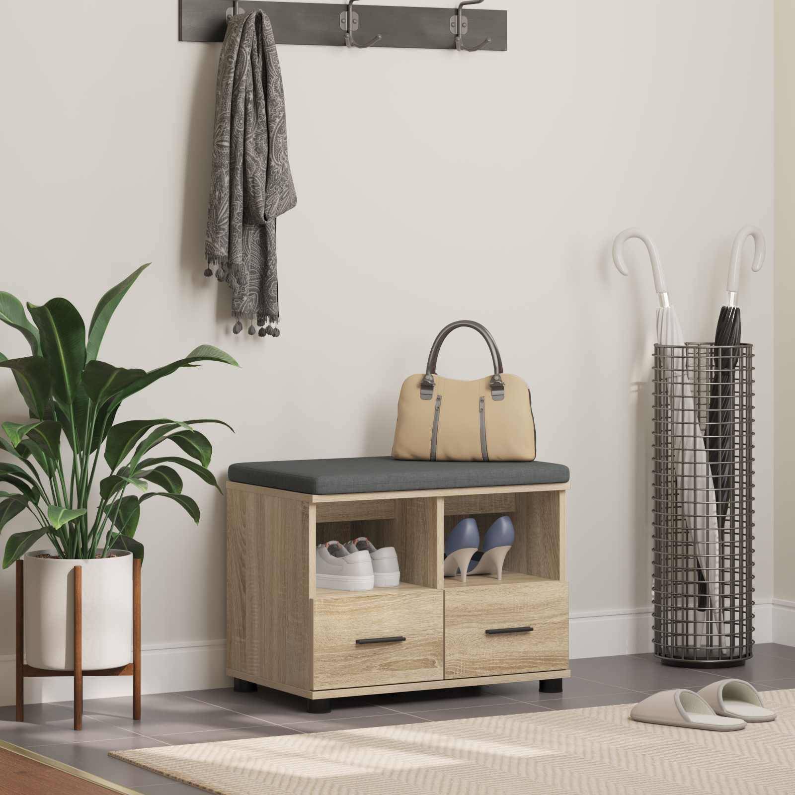vidaXL Flurbank mit Kissen mit Schubladen Sonoma-Eiche 60 x 38 x 46 cm