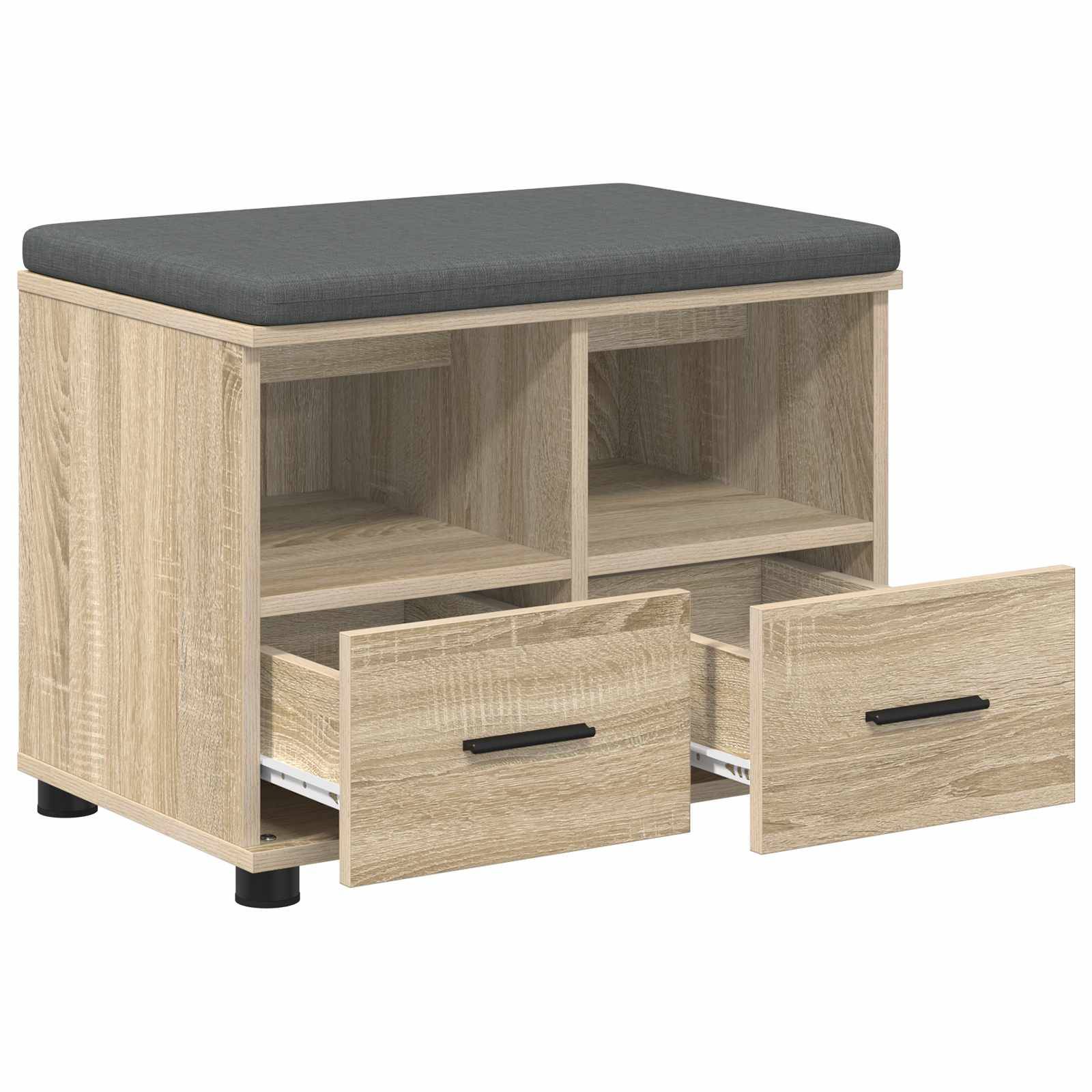 Eine Holz-Aufbewahrungsbank mit gepolsterter Oberseite, die zwei offene Fächer und zwei herausziehbare Schubladen mit schwarzen Griffen aufweist.
