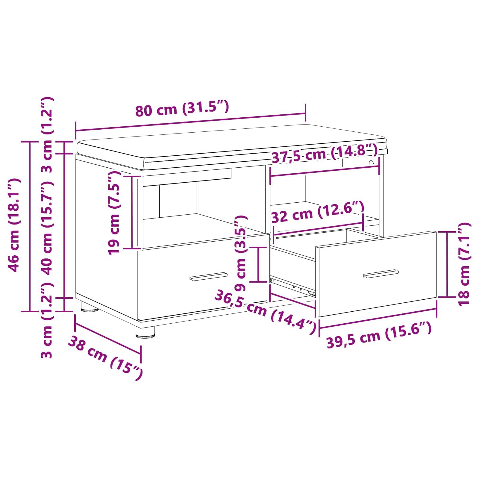 Holzschrank Abmessungen: Länge 80 cm, Tiefe 38 cm, Höhe 46 cm. Ausgestattet mit zwei Schubladen: 18 cm Höhe, 32 cm Tiefe, 39,5 cm Breite.