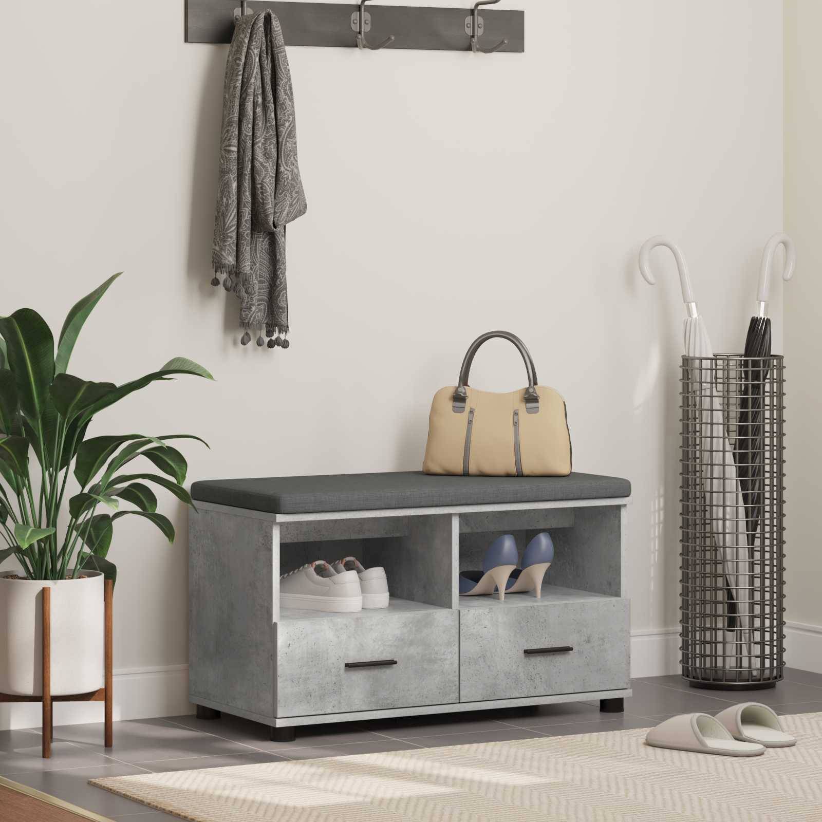 vidaXL Flurbank mit Kissen mit Schubladen Betongrau 80 x 38 x 46 cm