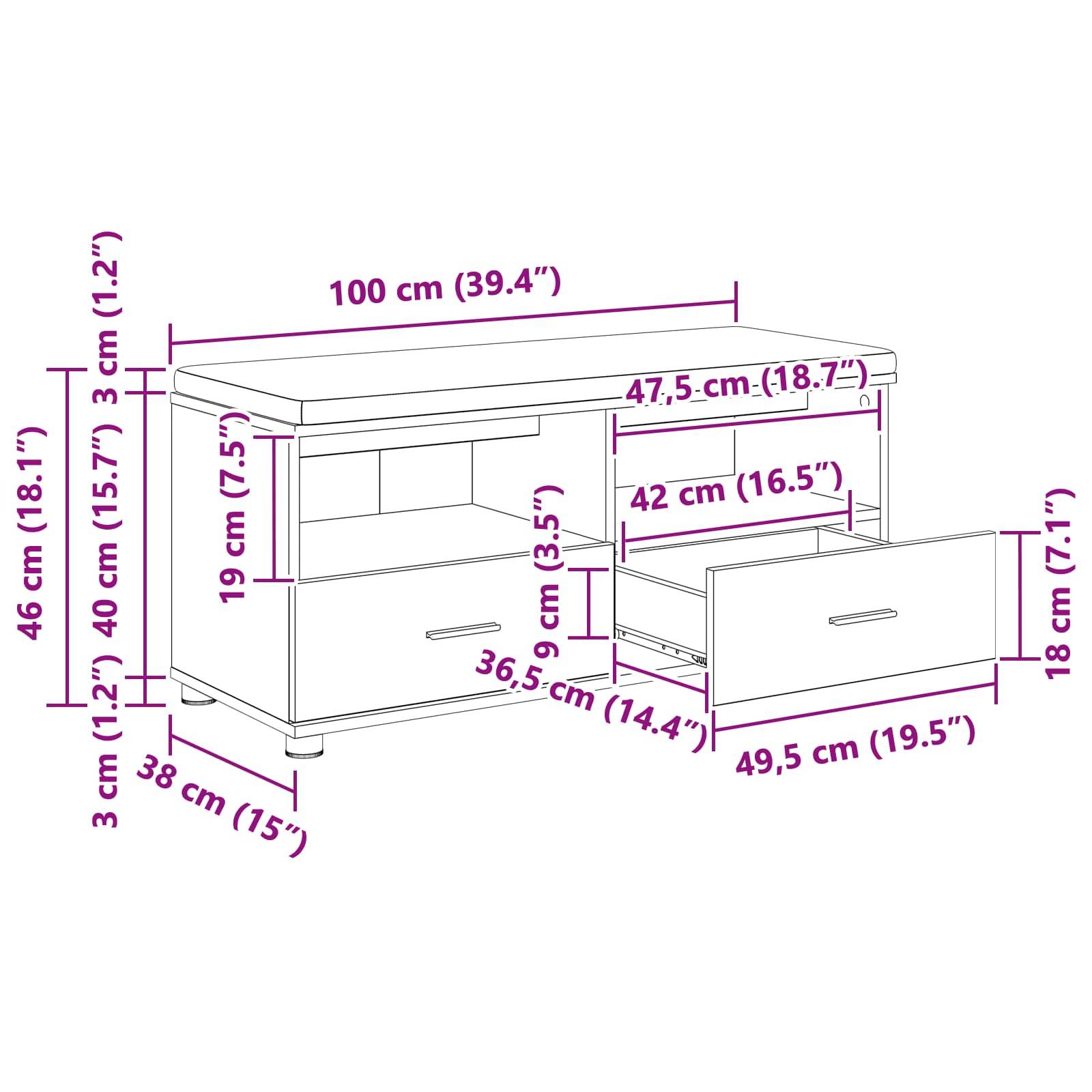 Eine Möbelzeichnung, die ein Sideboard zeigt, mit Maßangaben: Breite 100 cm, Höhe 46 cm, Tiefe 38 cm, Schubladengrößen und Regaldetails.