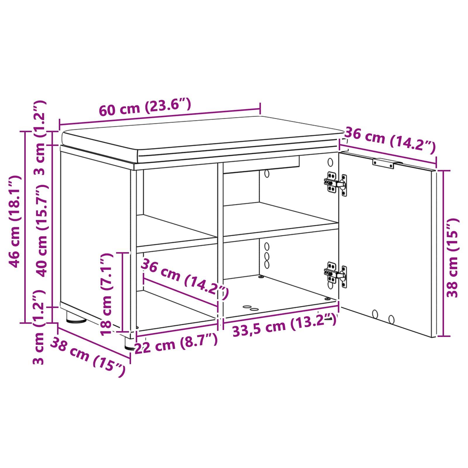 Montagezeichnung eines Schranks mit offenen Türen, mit Maßangaben: 60 cm Breite, 46 cm Höhe, 36 cm Tiefe. Innere Regale und Komponenten sind mit Maßangaben detailliert dargestellt.
