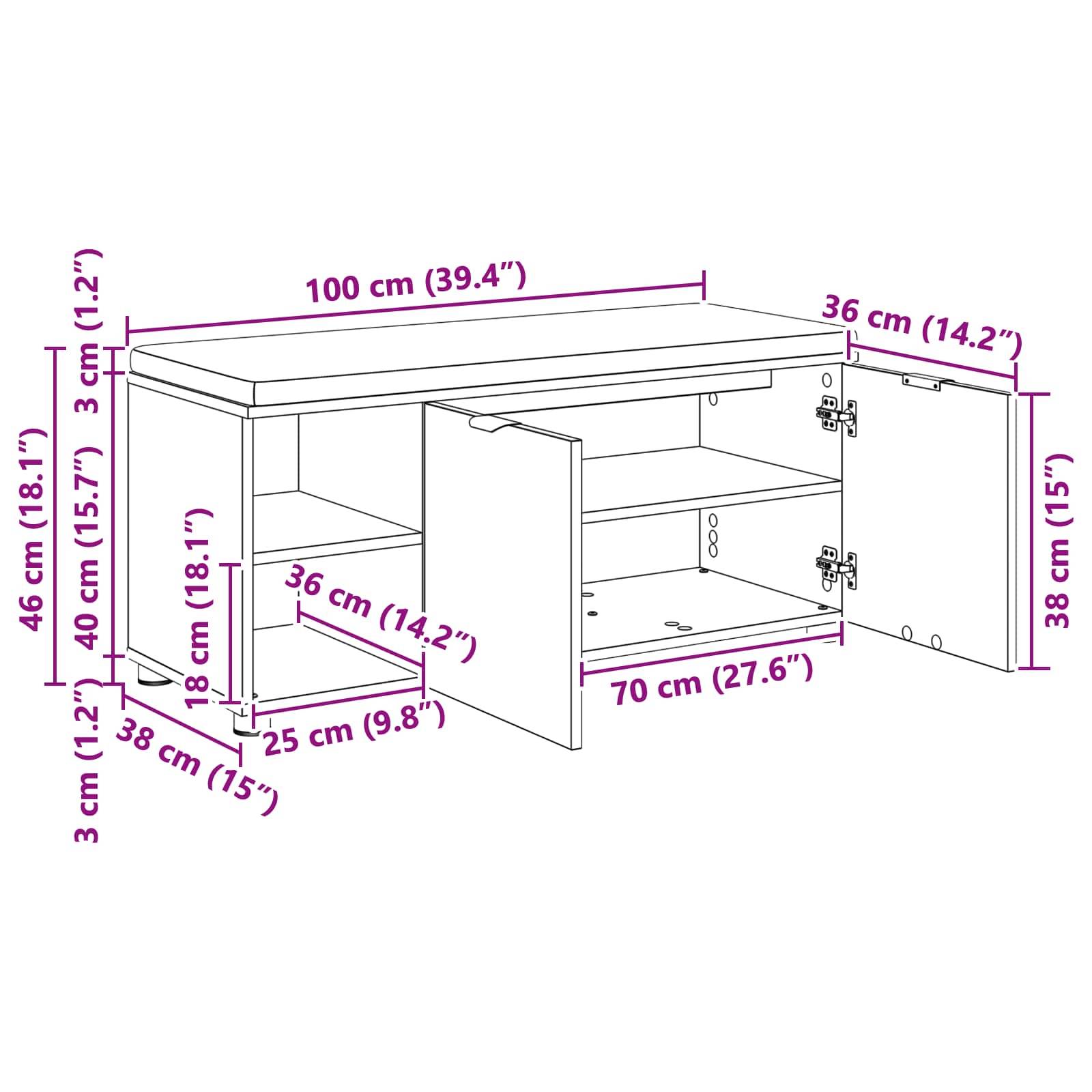 Linienzeichnung eines Schranks mit in Zentimetern und Zoll beschrifteten Abmessungen, mit Regalen und Türen. Gesamtbreite: 100 cm (39,4 Zoll).