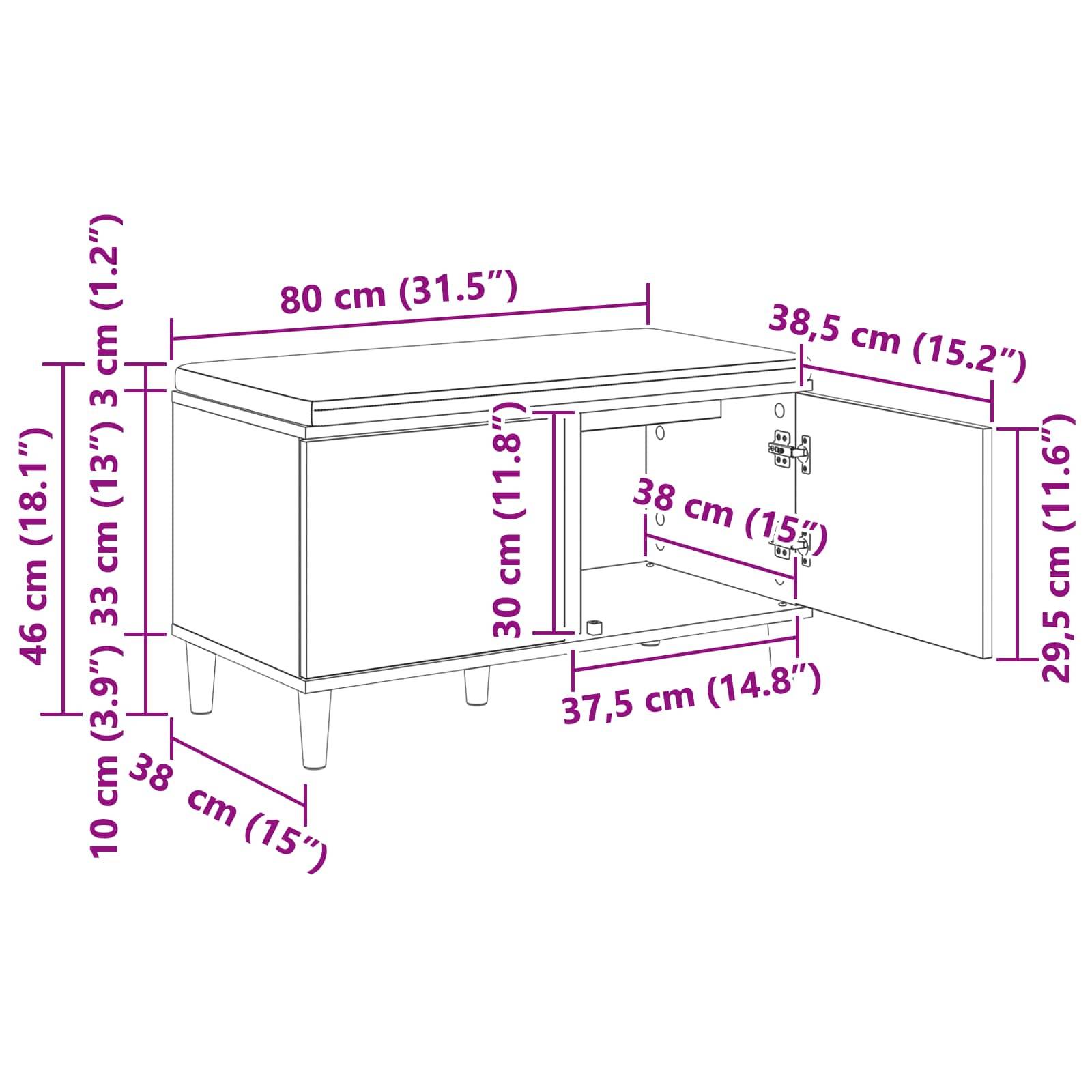 Eine technische Zeichnung eines Schranks mit Maßangaben in Zentimetern und Zoll. Schrank ist 80 cm (31,5