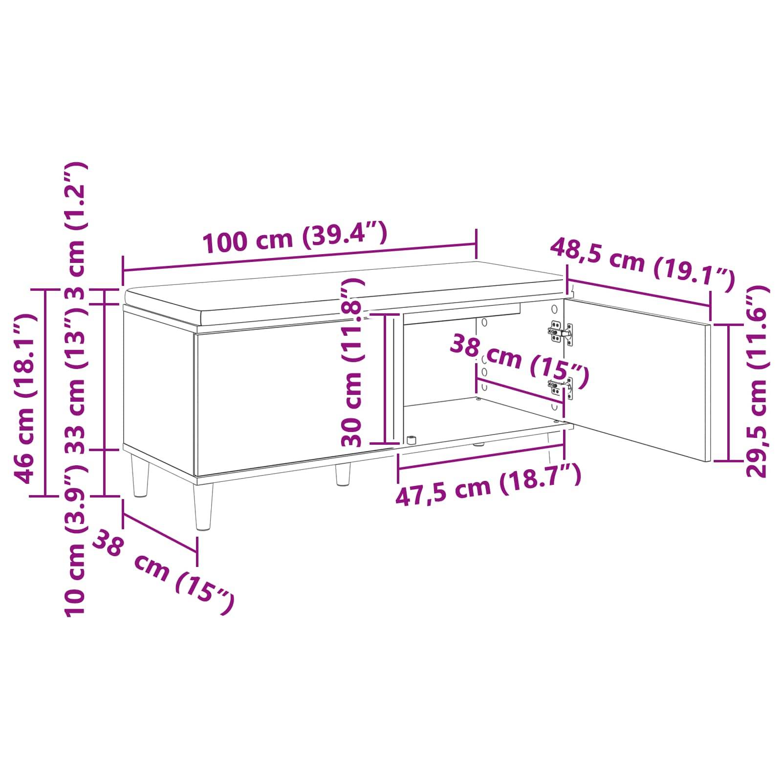 Schematische Darstellung eines Schranks mit Abmessungen: Breite 100 cm (39,4
