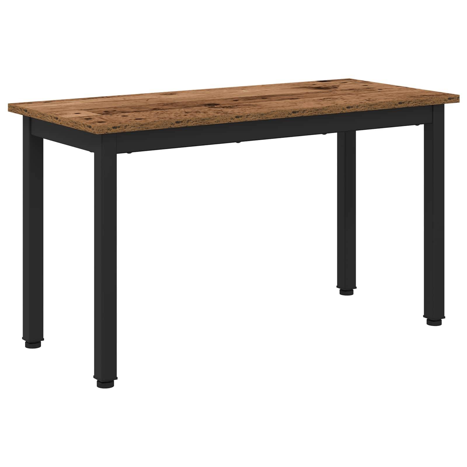 Ein rechteckiger Holztisch mit rustikaler Oberfläche und schwarzen Metallbeinen, geeignet für Esszimmer oder Büro.