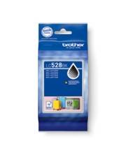 Das Bild zeigt eine blaue Verpackung einer Brother-Tintenpatrone, Modell „LC 528