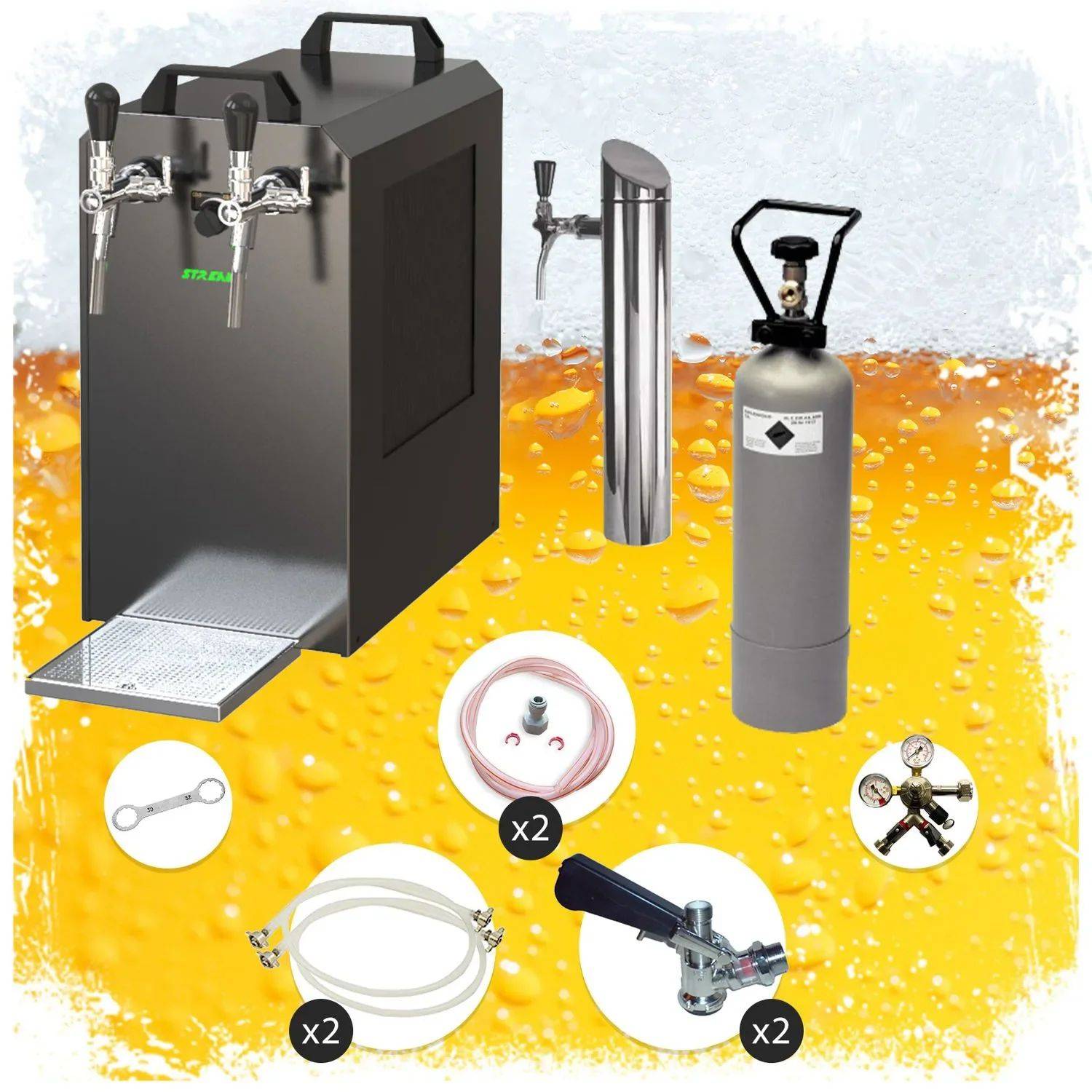 Tragbare Bierzapfanlage mit zwei Zapfhähnen, angeschlossenem CO2-Tank und Schläuchen. Inklusive Reinigungswerkzeuge und zusätzliche Anschlüsse.