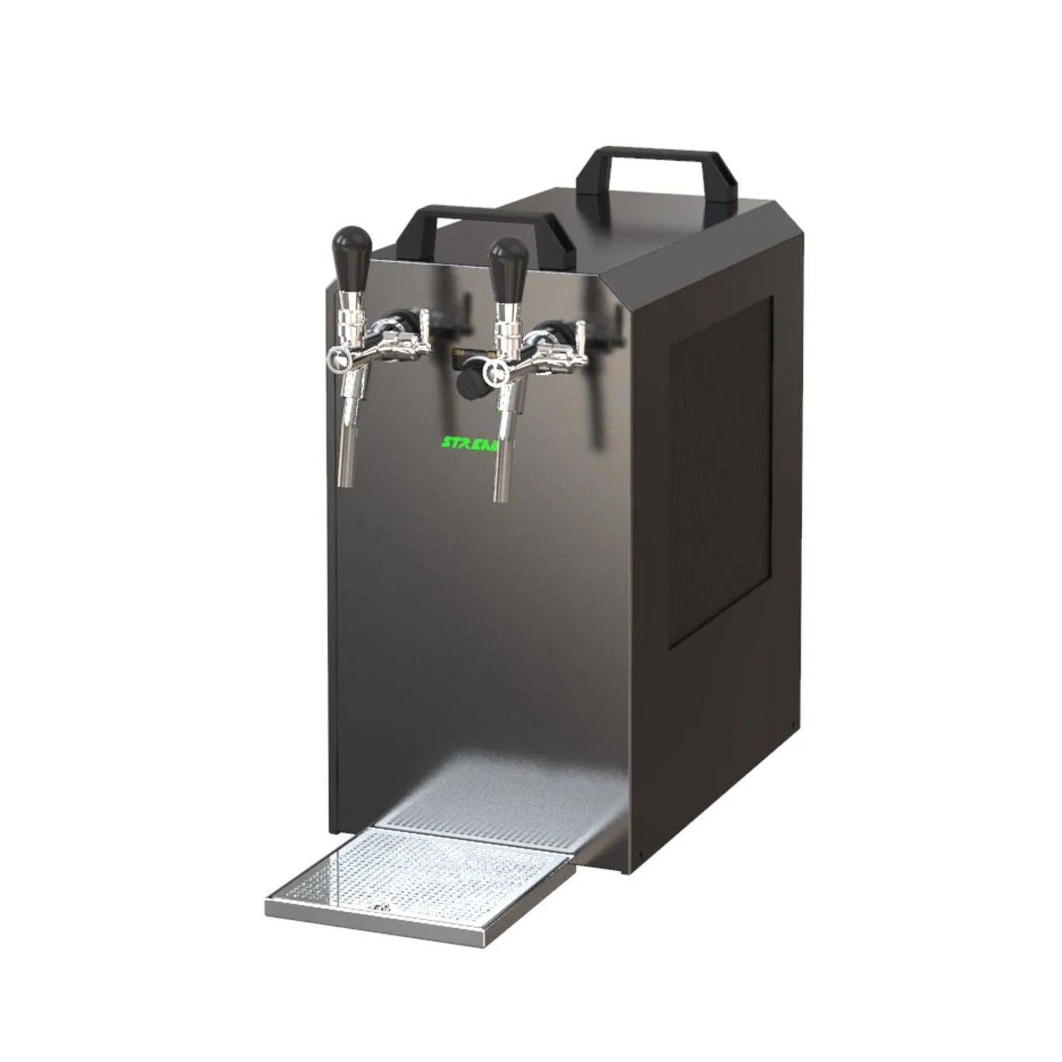 Ein tragbarer Bierspender mit zwei Zapfhähnen, Abtropfschale und schwarzer Oberfläche, geeignet für das Ausschenken von Getränken bei Veranstaltungen im Freien oder in Innenräumen.