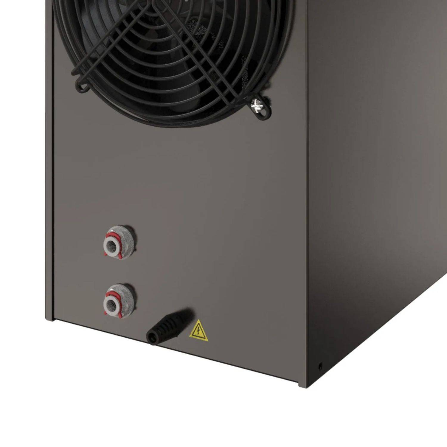 Eine Metallkühleinheit mit einem großen Ventilator und Bedienknöpfen an einer Seite, die ein Warnschild zeigt.