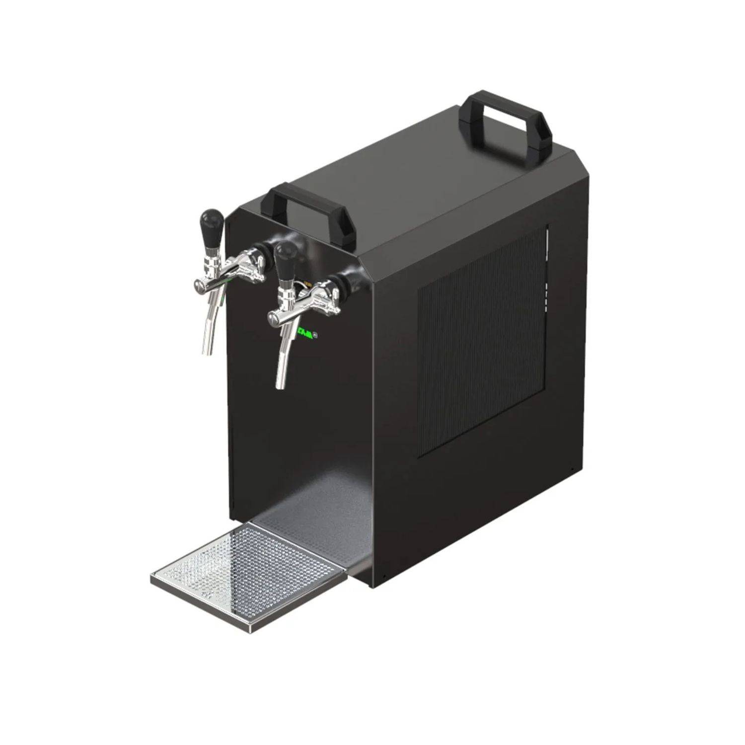 Ein schwarzer Bierkühler mit Doppelzapfhahn, Griffen, Abtropfschale und Belüftungsöffnungen.