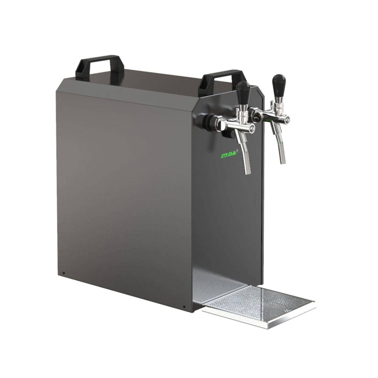 Ein schwarzer Bierzapfautomat mit zwei Zapfhähnen. Das Gerät ist kompakt und verfügt über einen Abtropfbehälter.