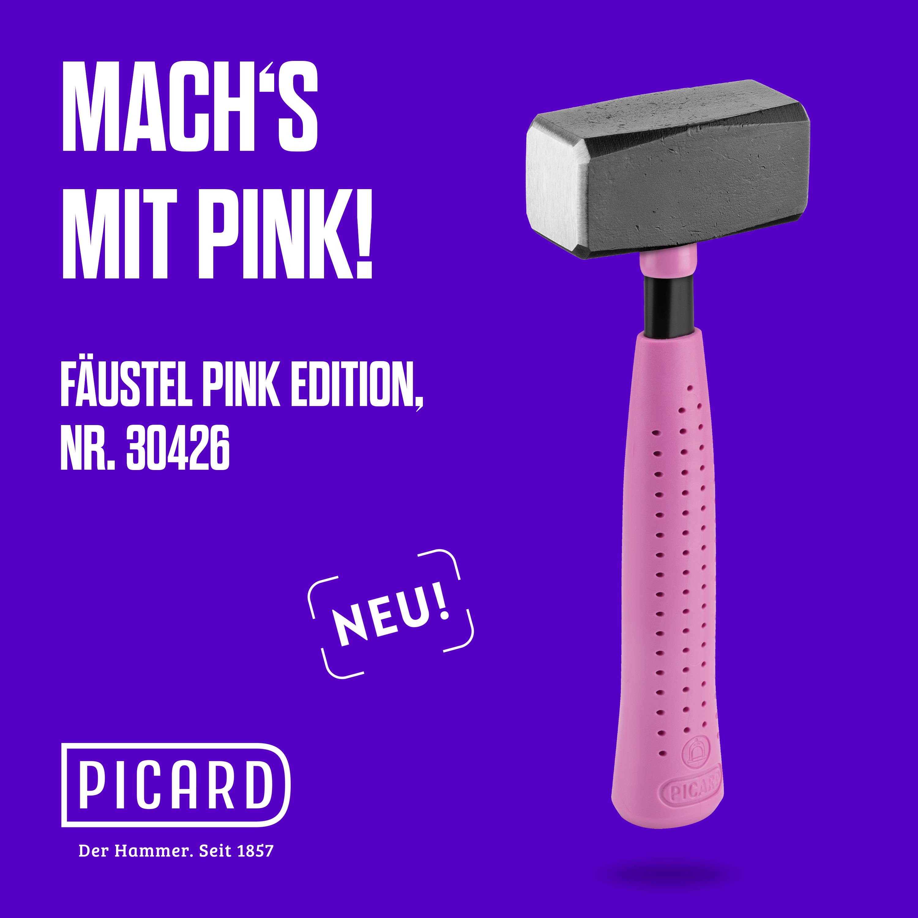 Ein pinker Hammer mit Griff vor blauem Hintergrund mit Text: 'Mach's mit Pink! Fäustel Pink Edition, Nr. 30426. Neu!